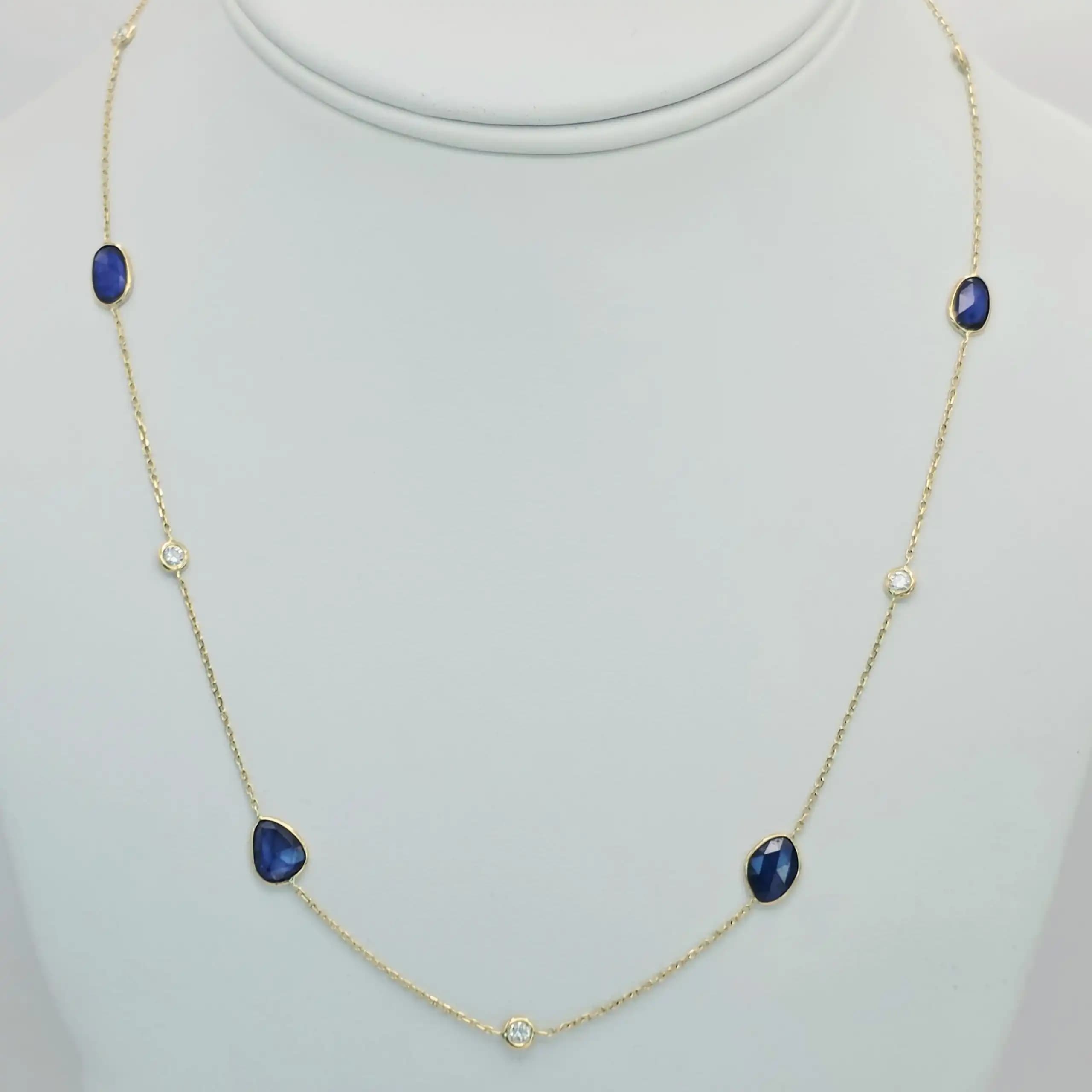 Natural blue sapphire slice station necklace in 14K yellow gold