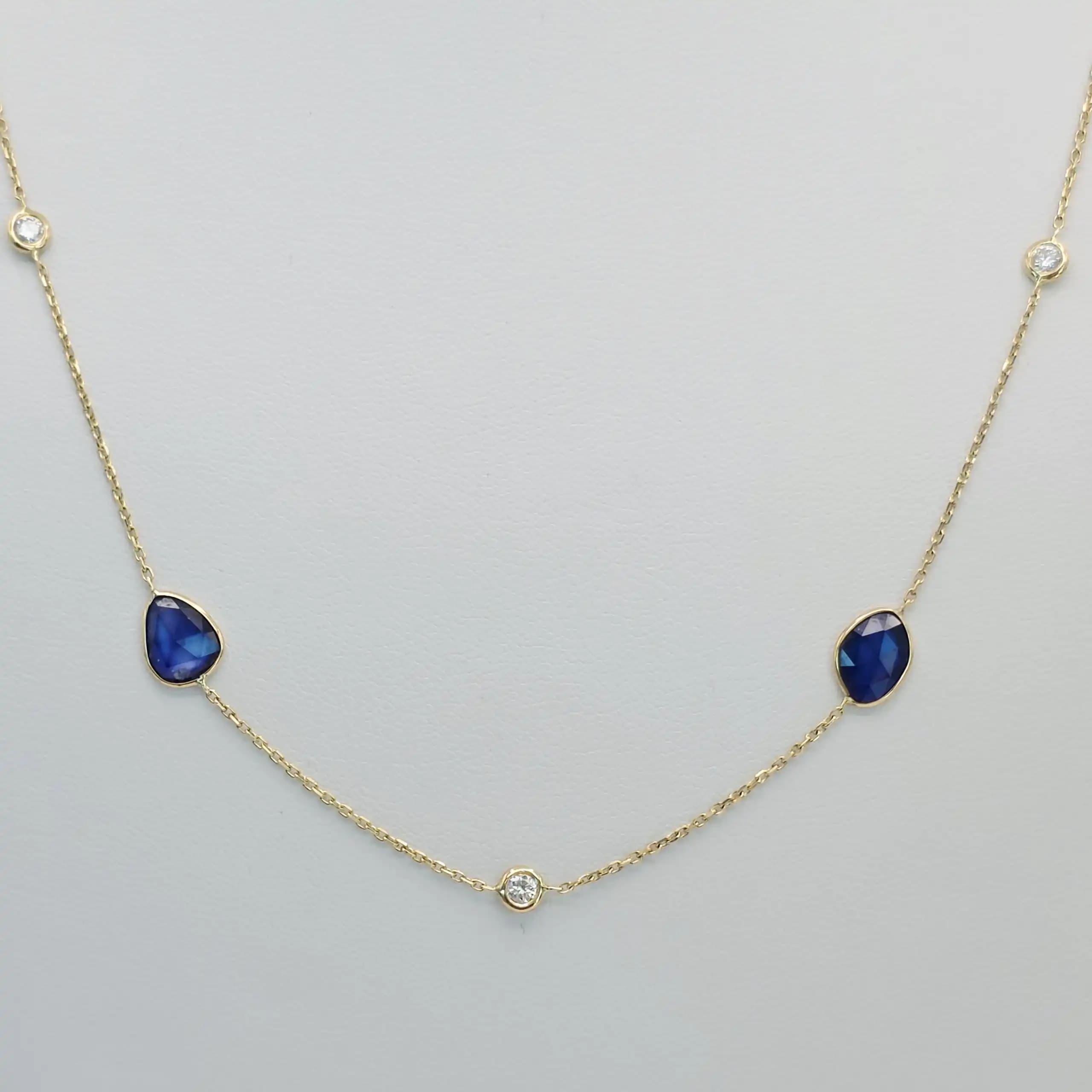 Natural blue sapphire slice station necklace in 14K yellow gold