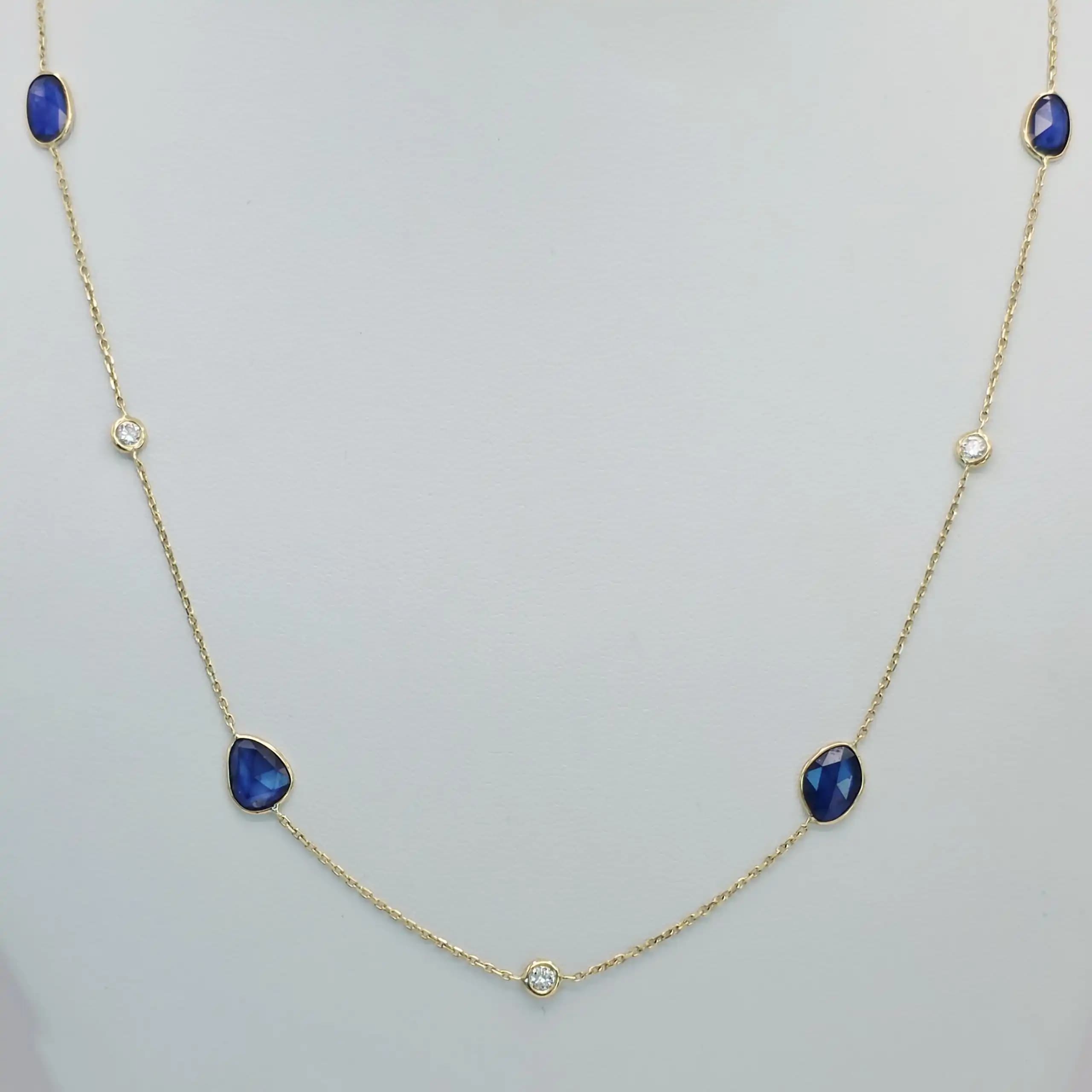 Natural blue sapphire slice station necklace in 14K yellow gold