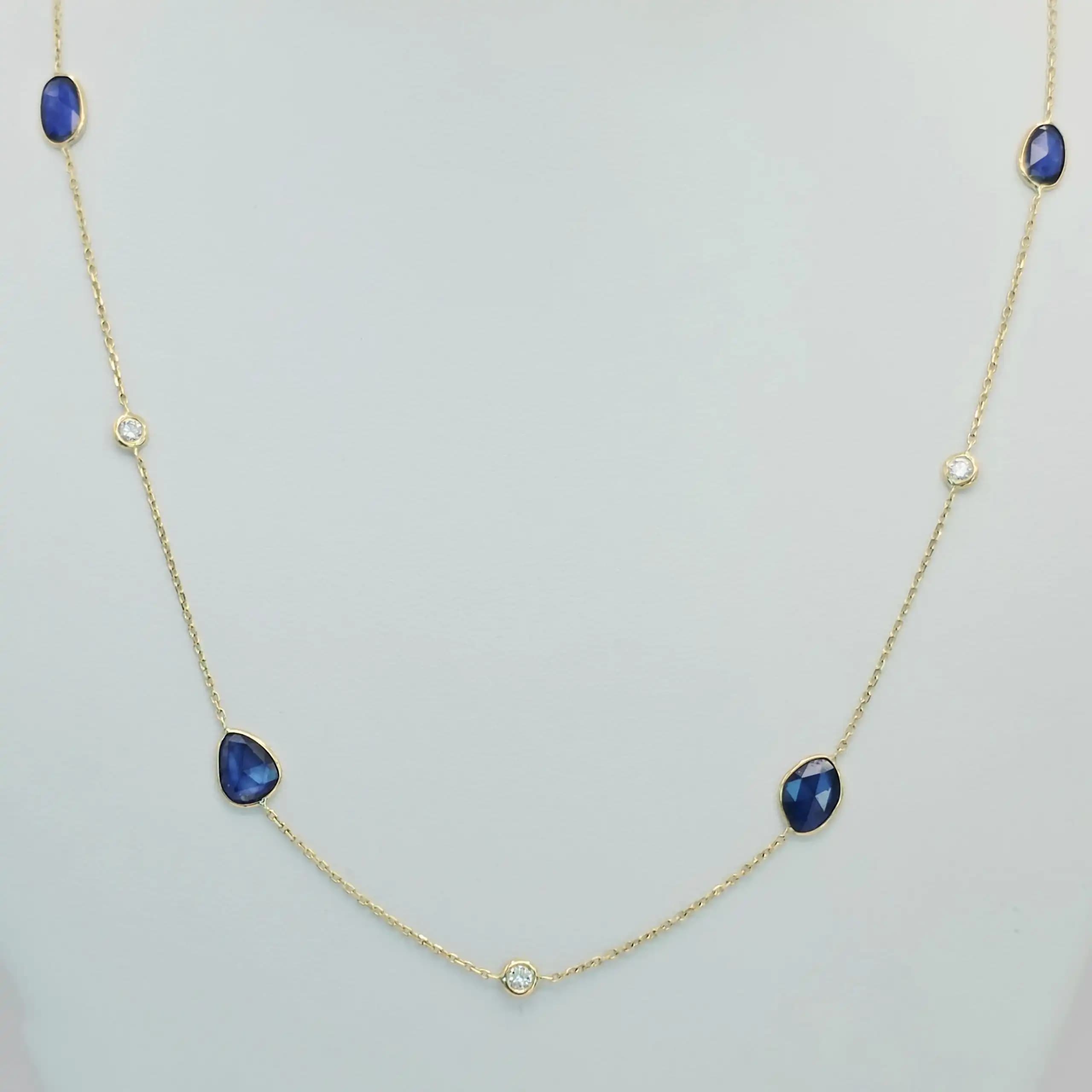 Natural blue sapphire slice station necklace in 14K yellow gold