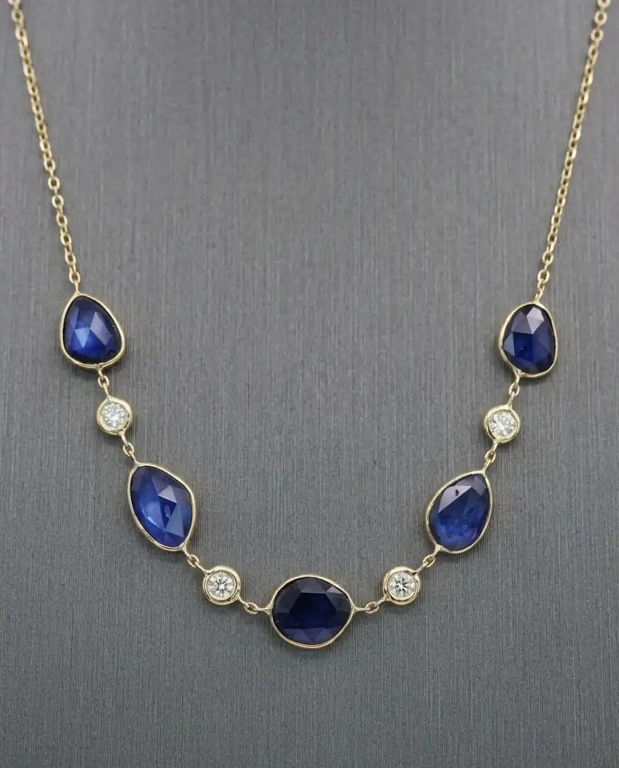 3.16 cts natural blue sapphire slice station necklace in 14K yellow gold