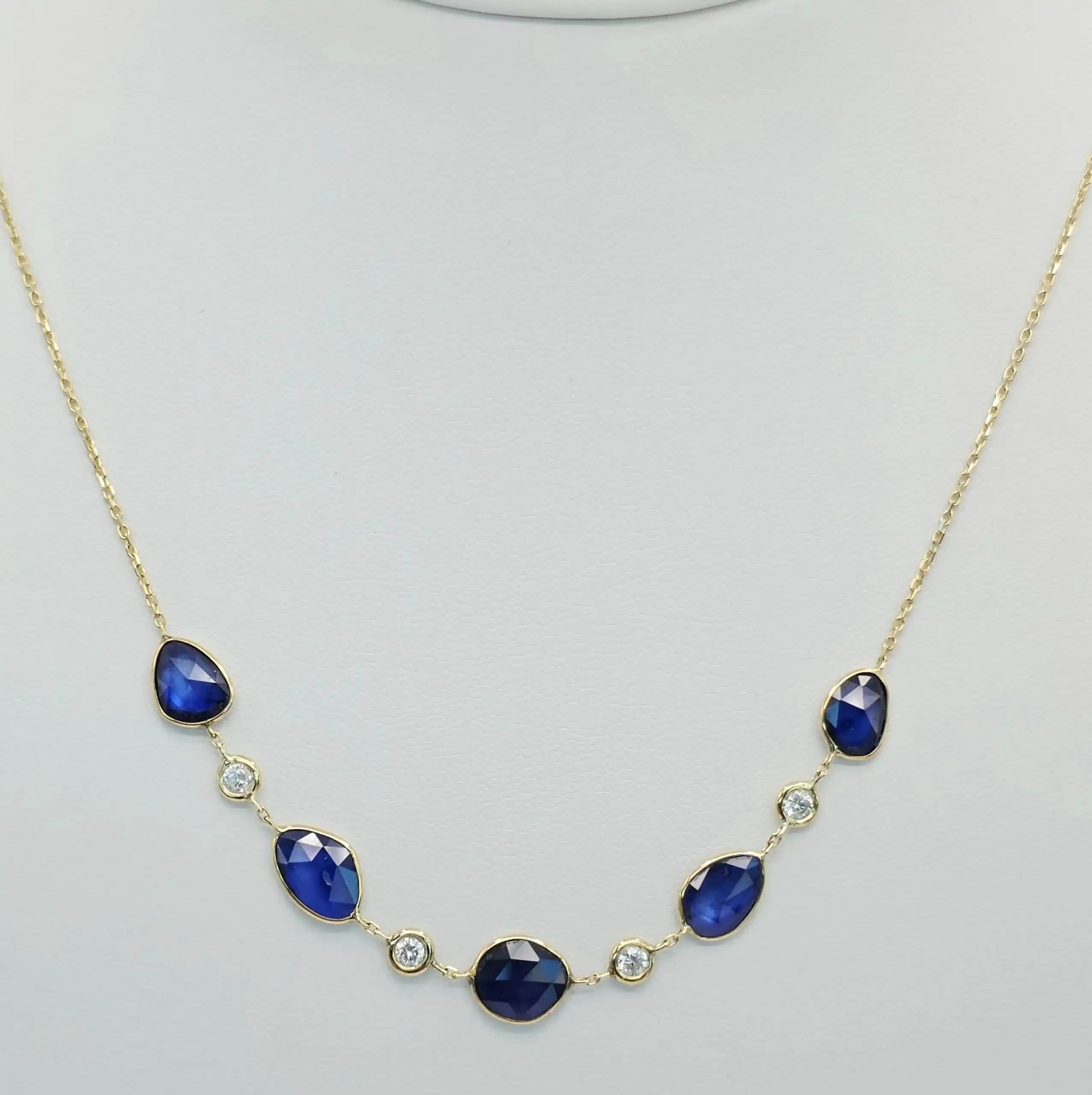 3.16 cts natural blue sapphire slice station necklace in 14K yellow gold