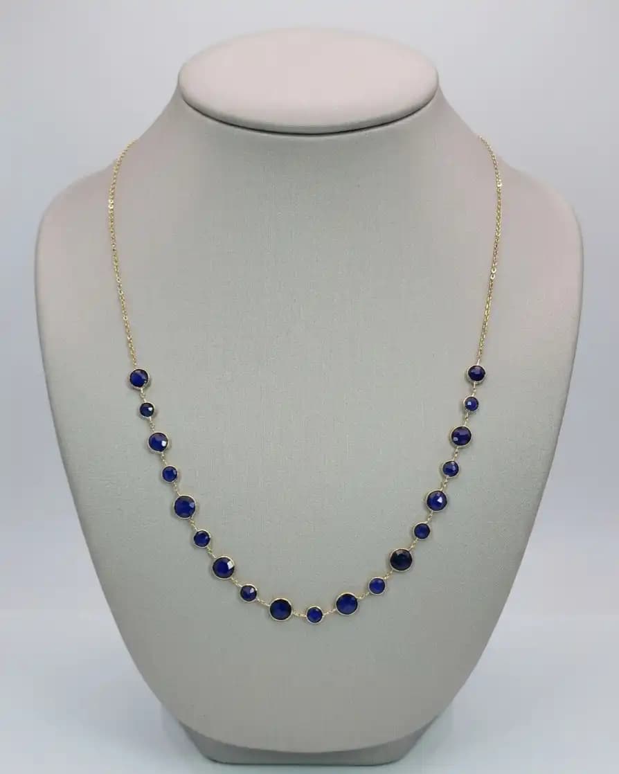 6.90 cts round rose cut natural blue sapphire station necklace in 14K yellow gold