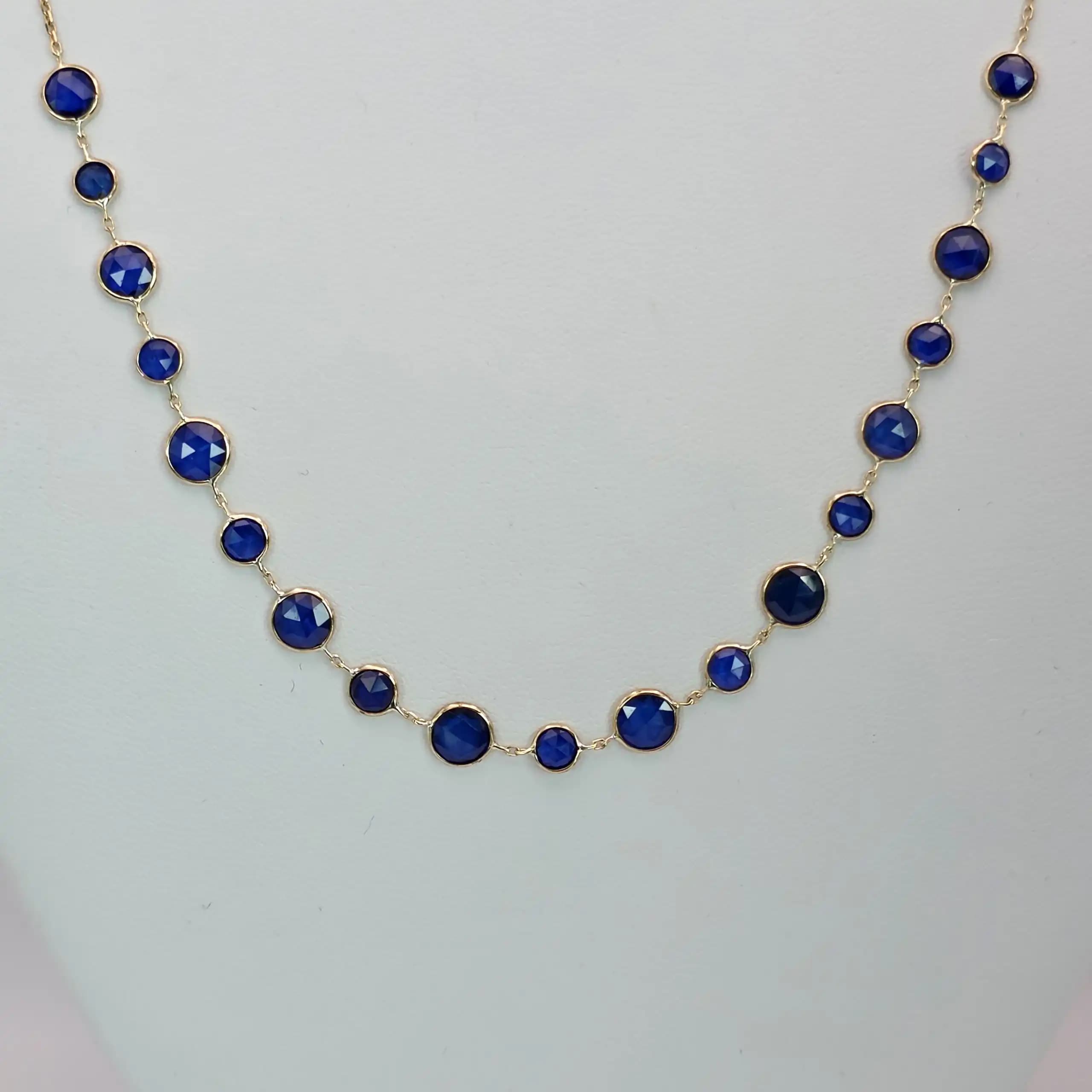 6.90 cts round rose cut natural blue sapphire station necklace in 14K yellow gold