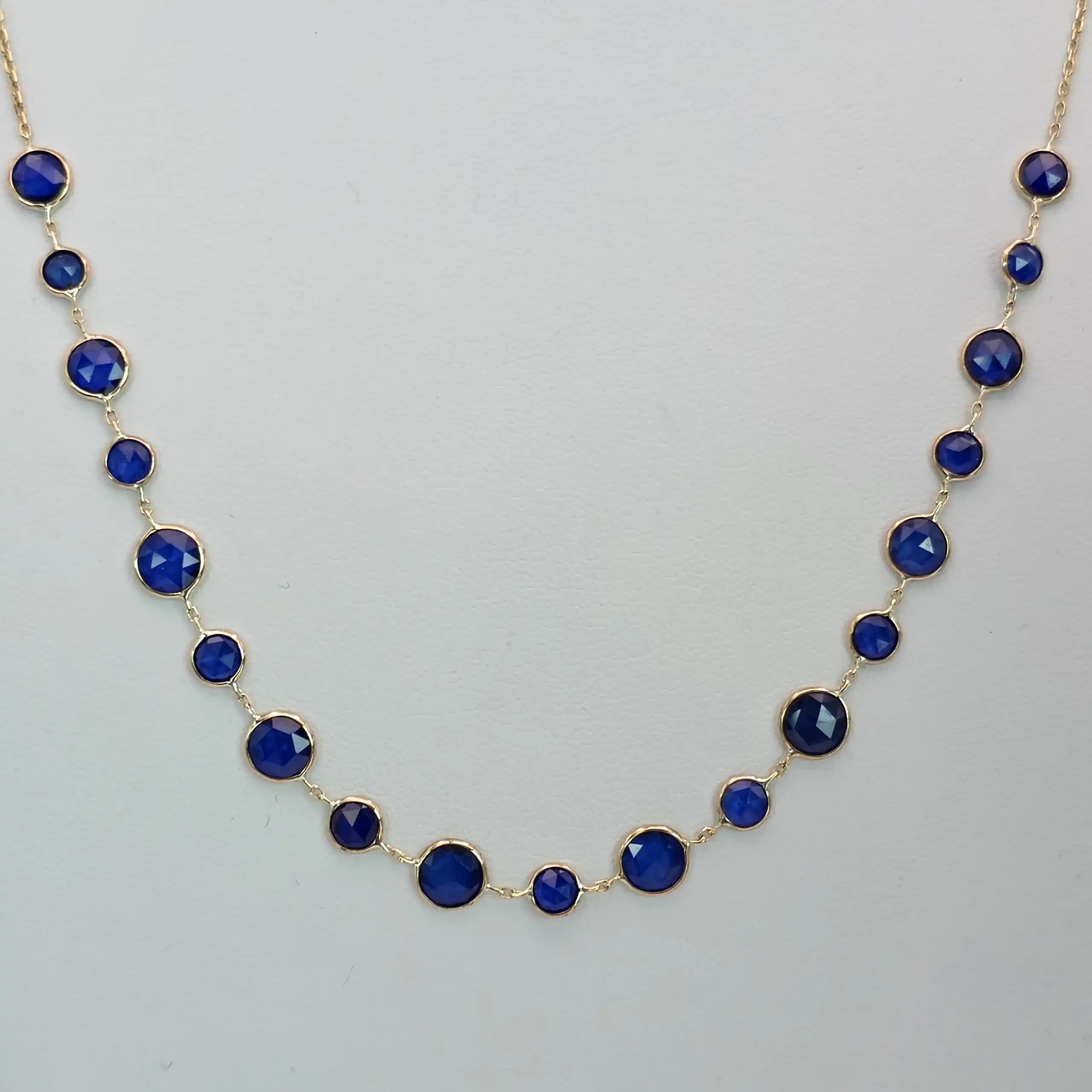 6.90 cts round rose cut natural blue sapphire station necklace in 14K yellow gold