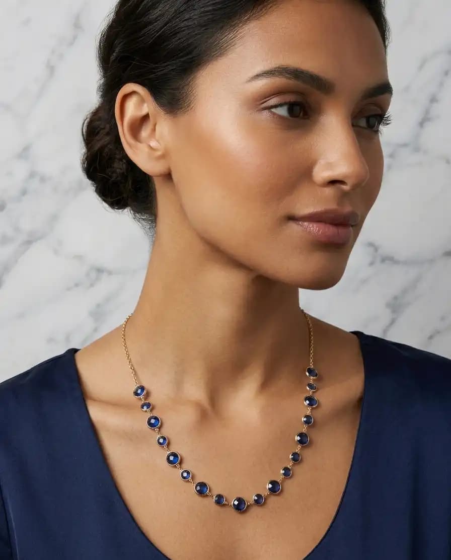 6.90 cts round rose cut natural blue sapphire station necklace in 14K yellow gold
