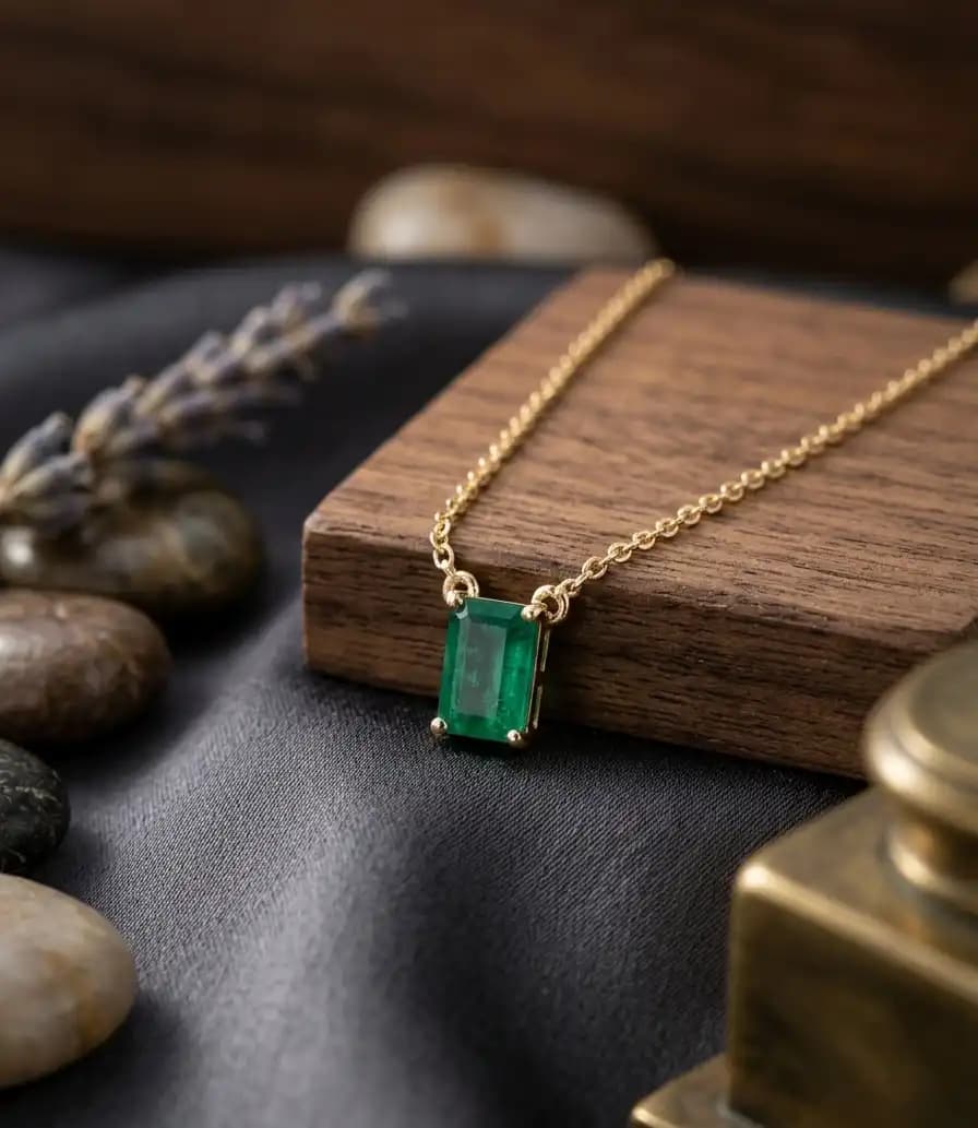 0.50 cts emerald cut natural emerald floating solitaire necklace in 14K yellow gold