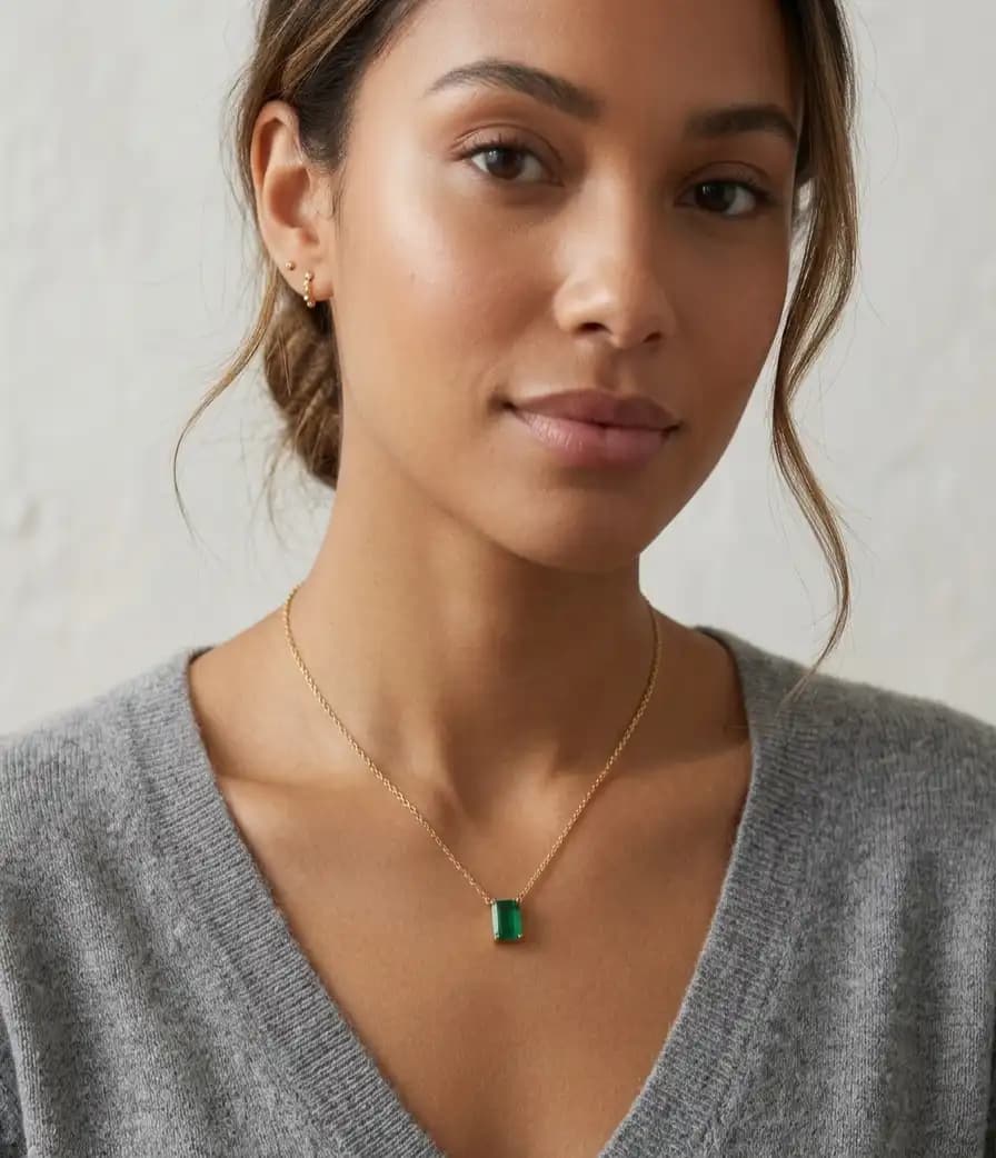0.50 cts emerald cut natural emerald floating solitaire necklace in 14K yellow gold