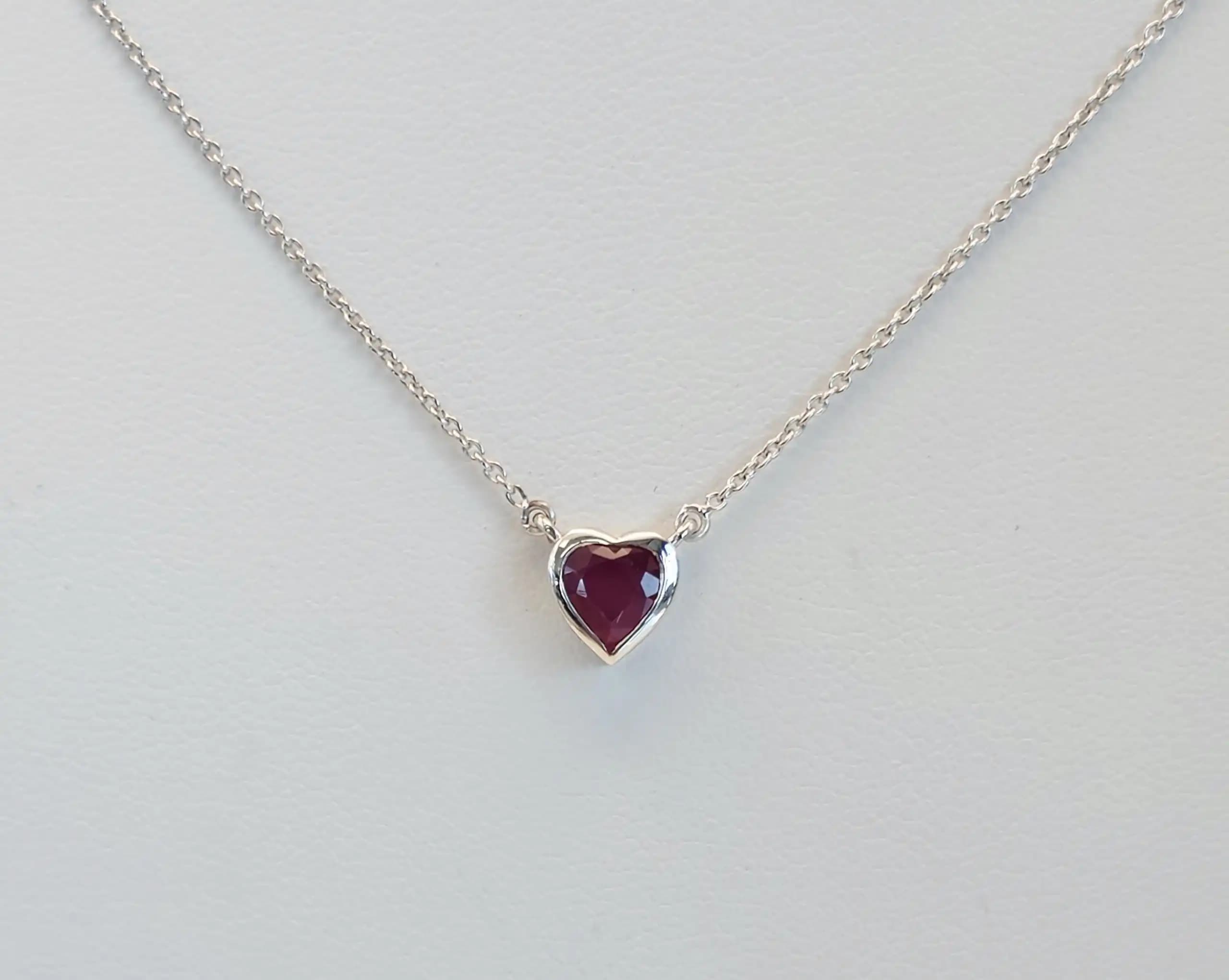 2.16 cts heart shape natural ruby bezel necklace in 14K white gold
