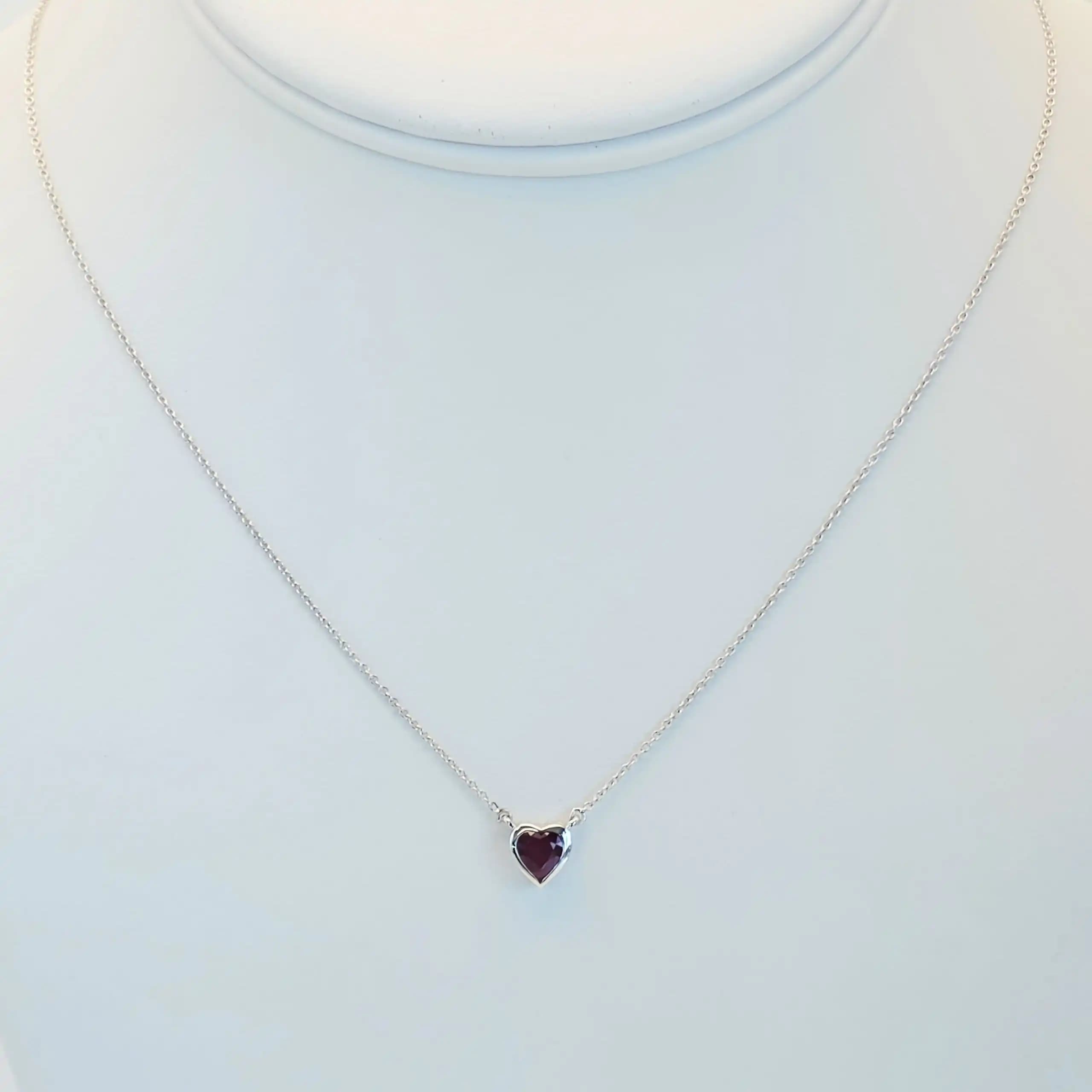 2.16 cts heart shape natural ruby bezel necklace in 14K white gold