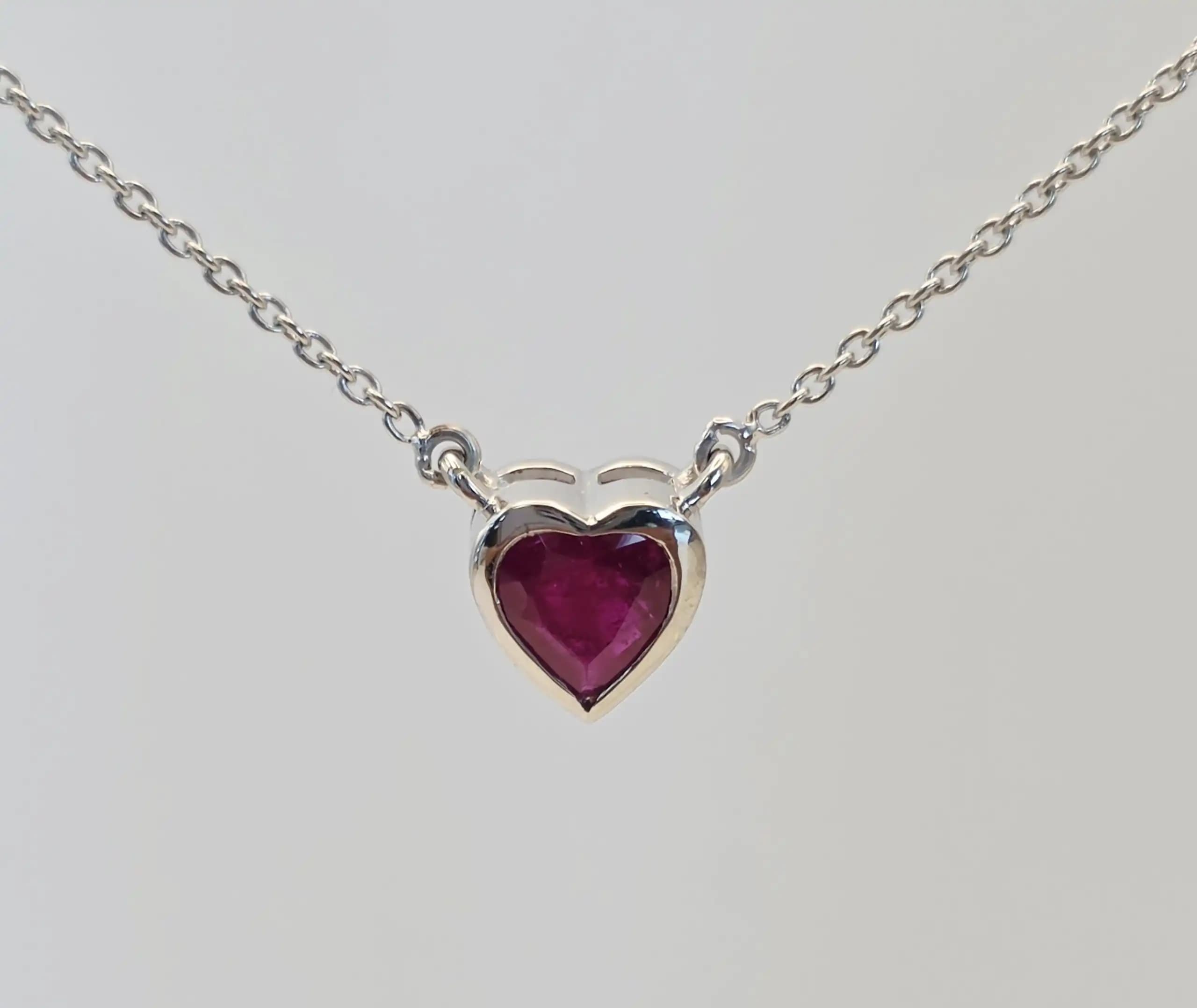 2.16 cts heart shape natural ruby bezel necklace in 14K white gold