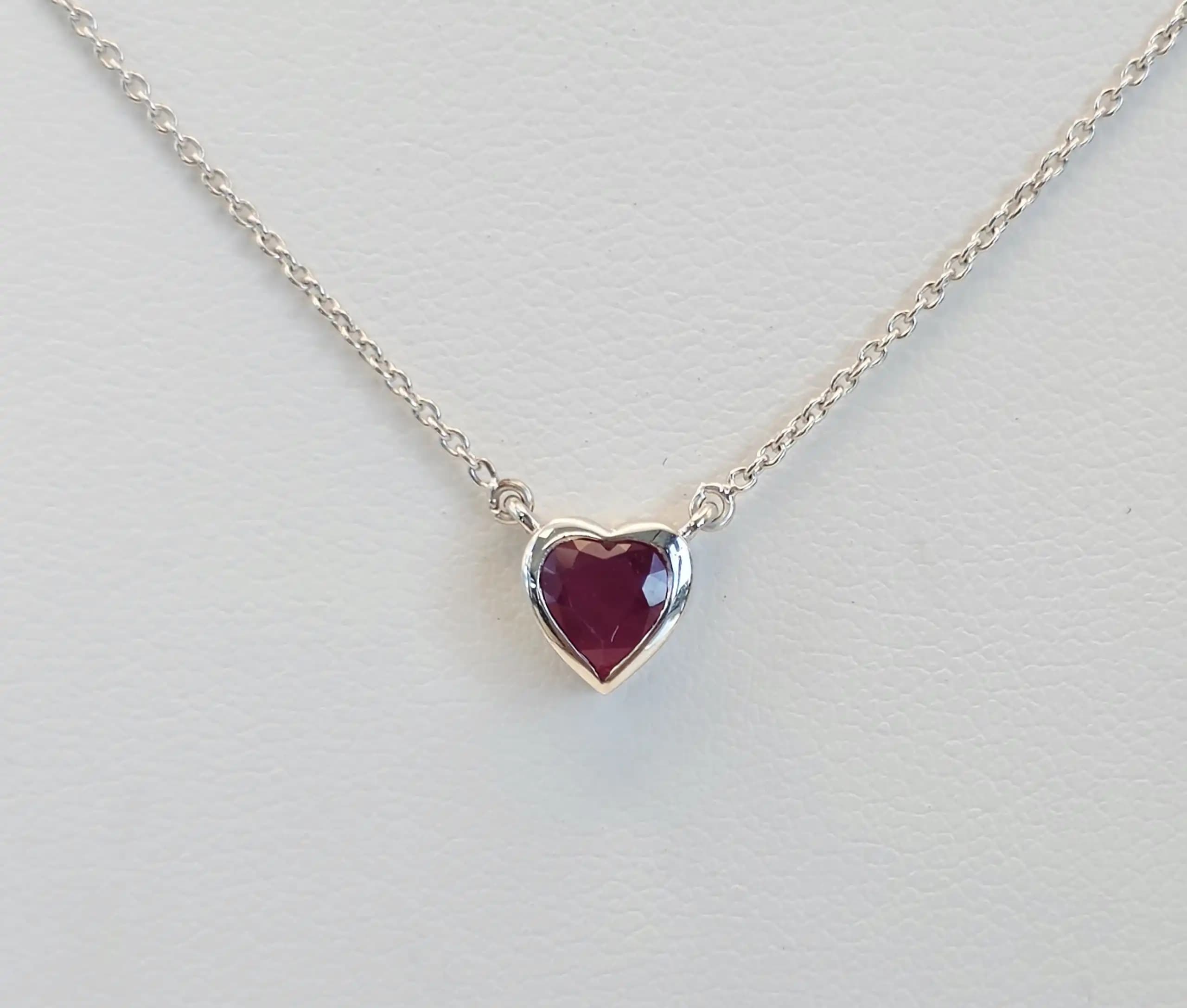 2.16 cts heart shape natural ruby bezel necklace in 14K white gold