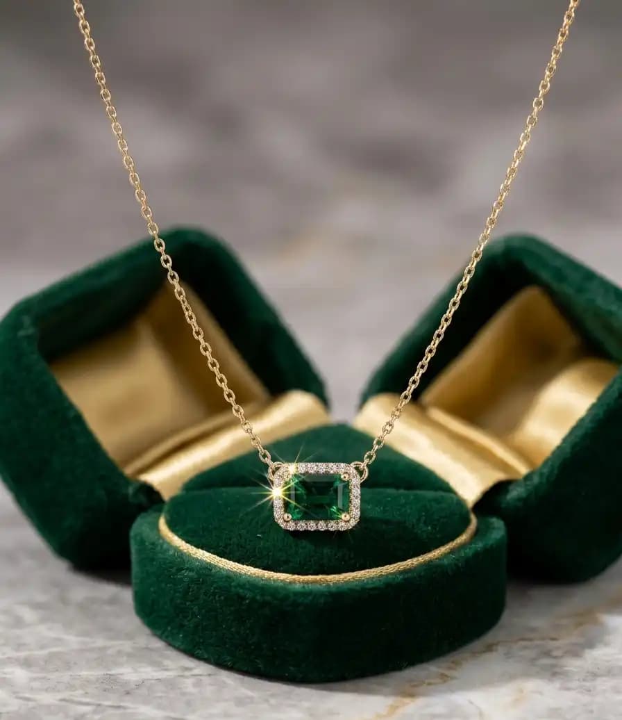 0.60 cts emerald cut natural emerald halo necklace in 14K yellow gold