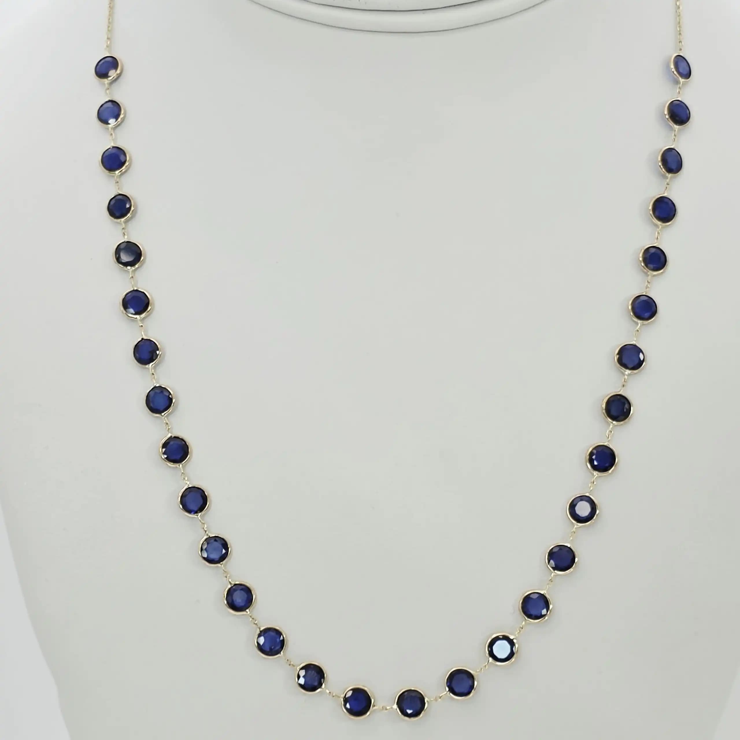 12.33 cts round rose cut natural blue sapphire station necklace in 14K yellow gold