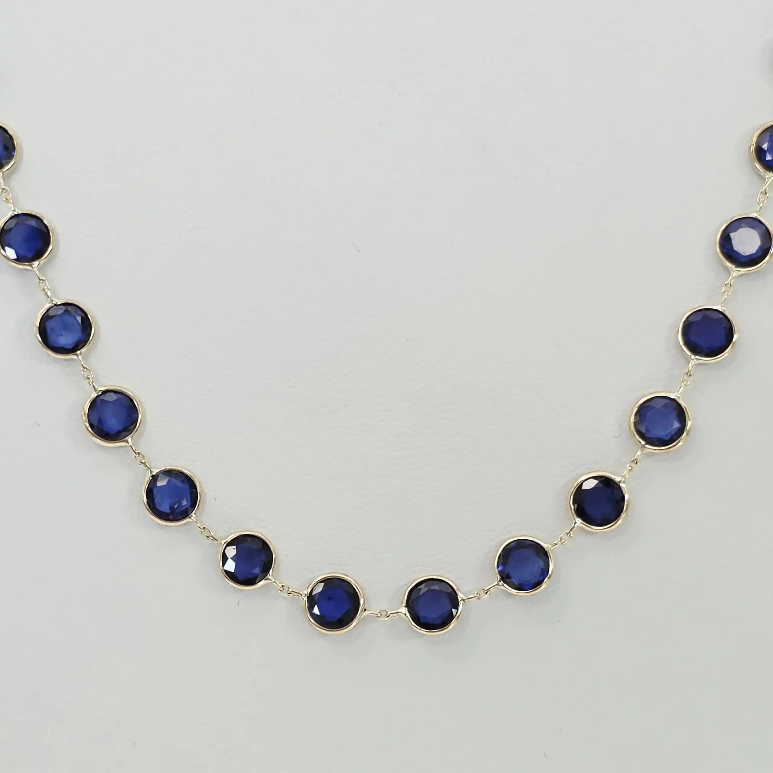 12.33 cts round rose cut natural blue sapphire station necklace in 14K yellow gold