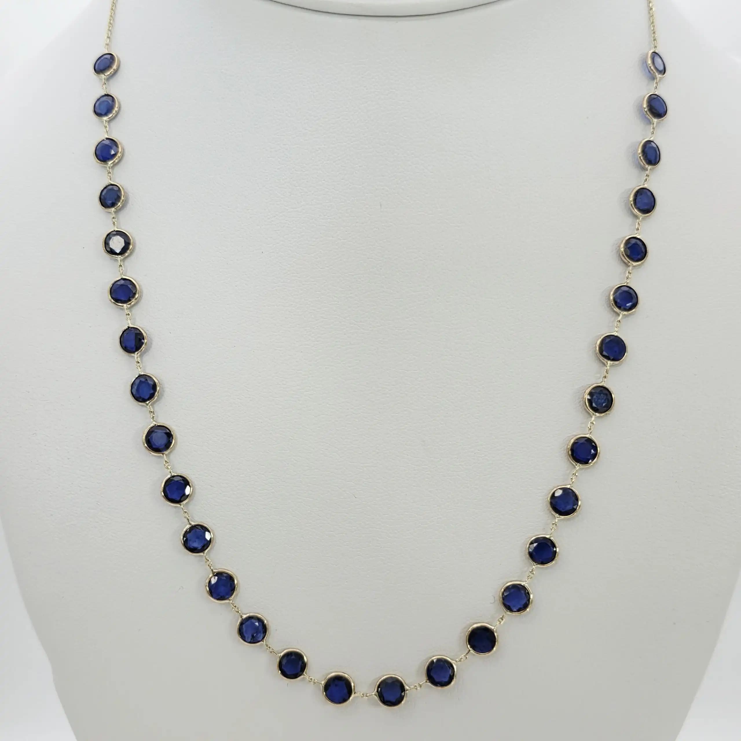 12.33 cts round rose cut natural blue sapphire station necklace in 14K yellow gold
