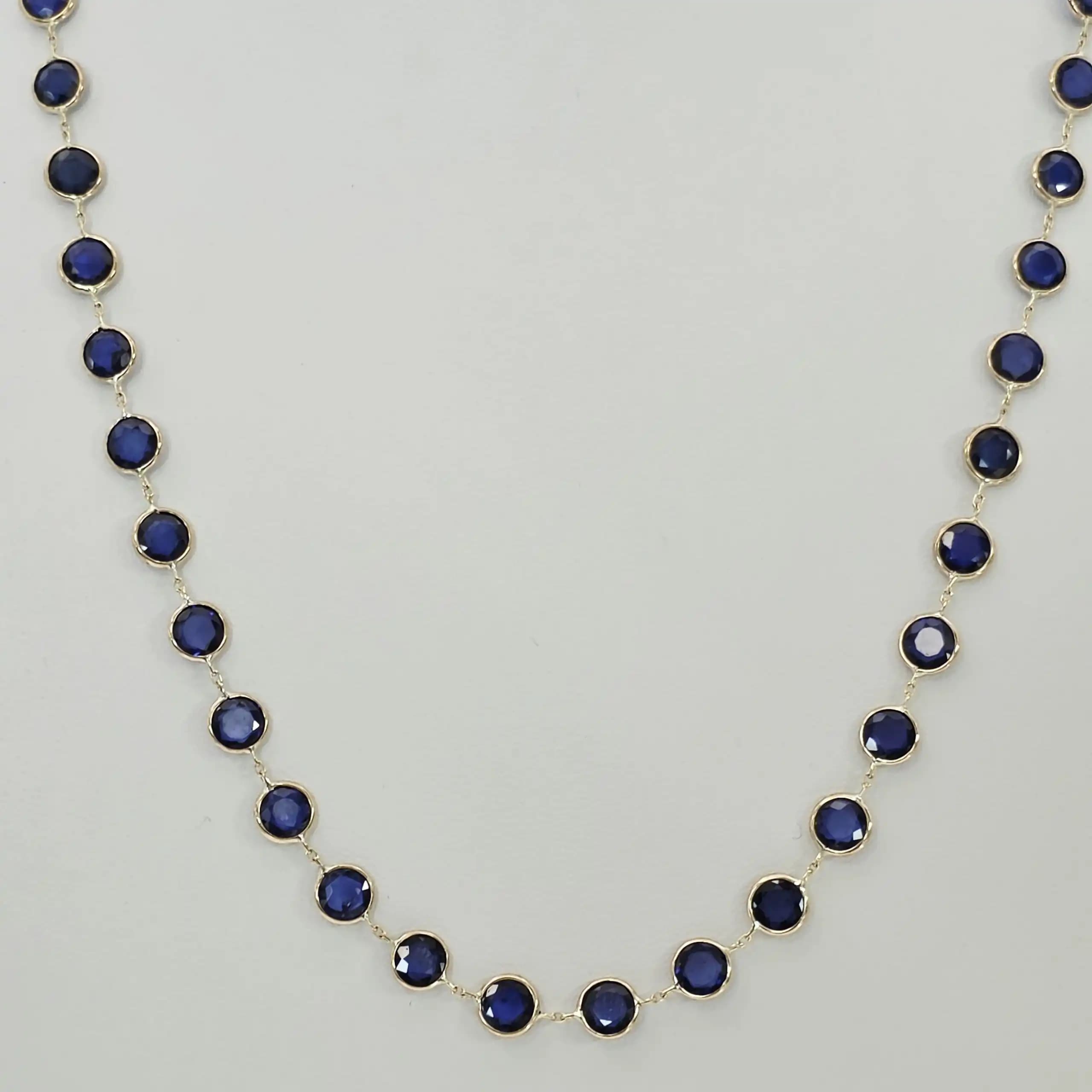 12.33 cts round rose cut natural blue sapphire station necklace in 14K yellow gold