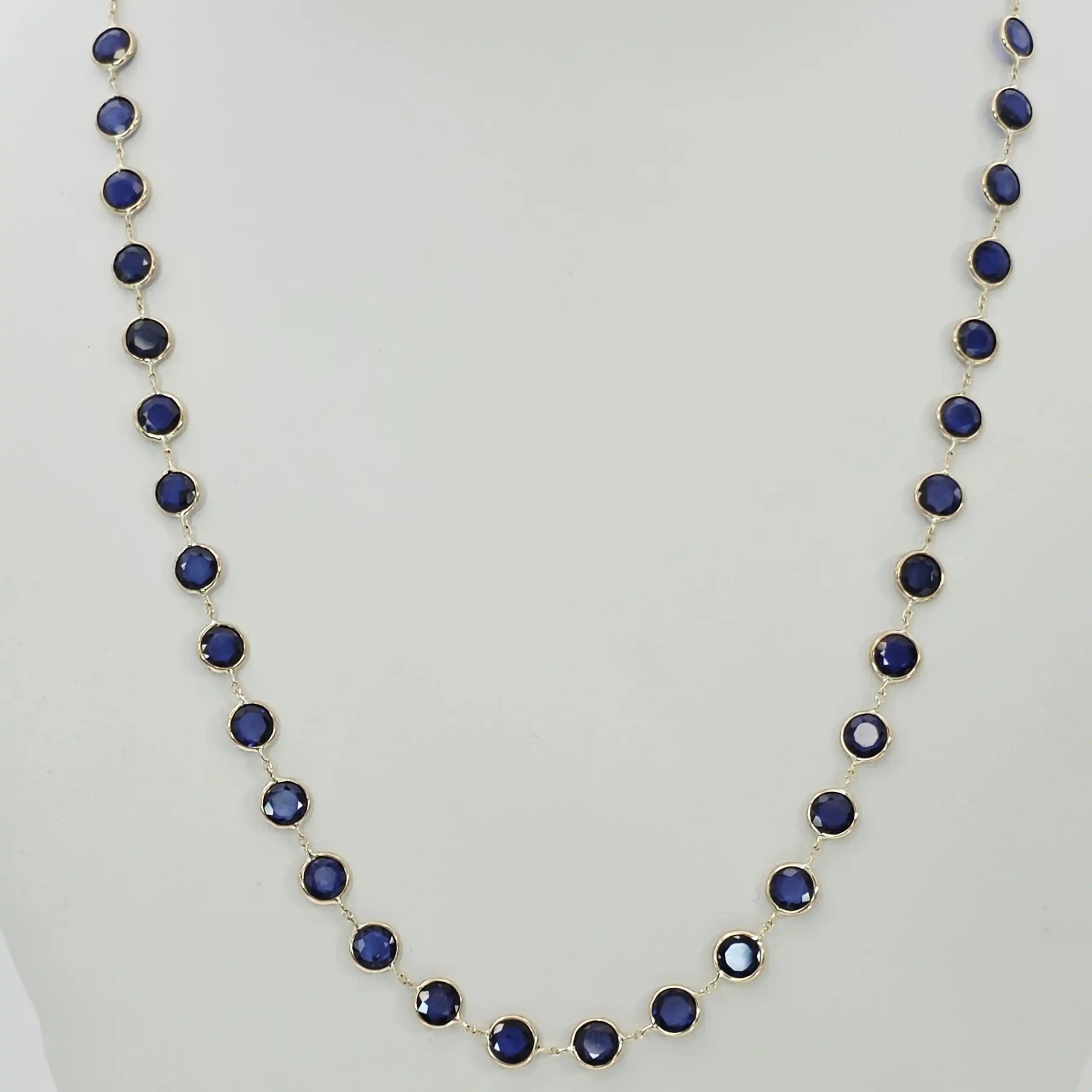 12.33 cts round rose cut natural blue sapphire station necklace in 14K yellow gold