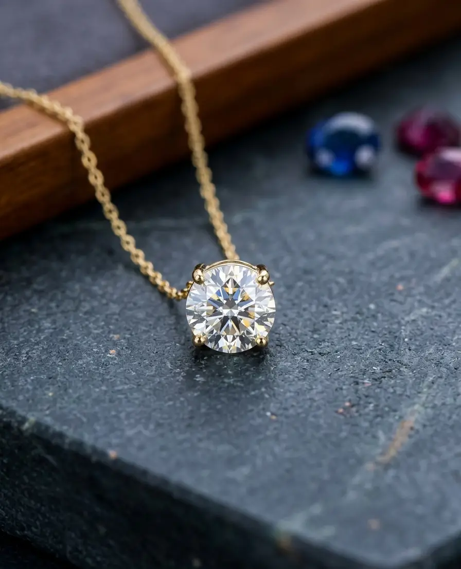 1.25 cts round lab grown diamond solitaire necklace in 14K yellow gold