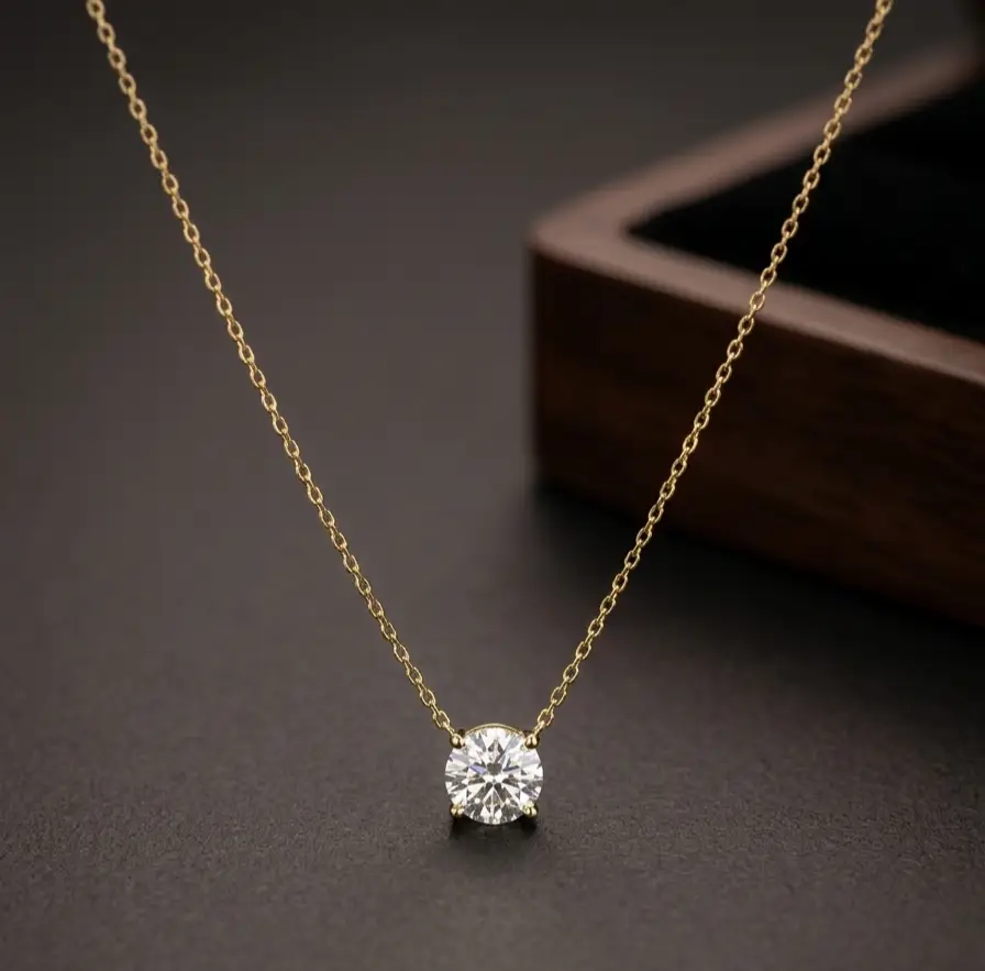 1.25 cts round lab grown diamond solitaire necklace in 14K yellow gold