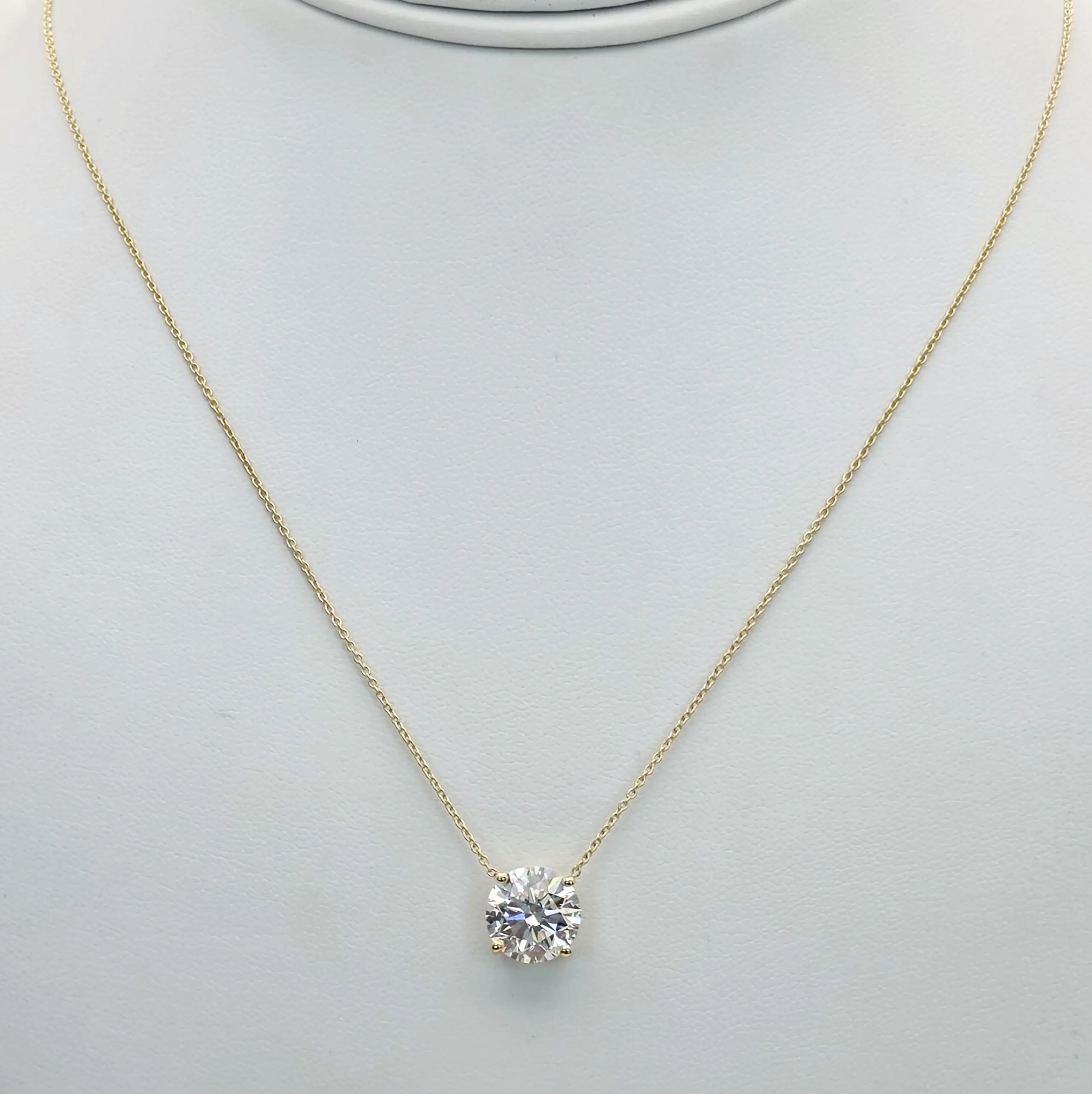 3.00 cts round lab grown diamond solitaire necklace in 14K yellow gold
