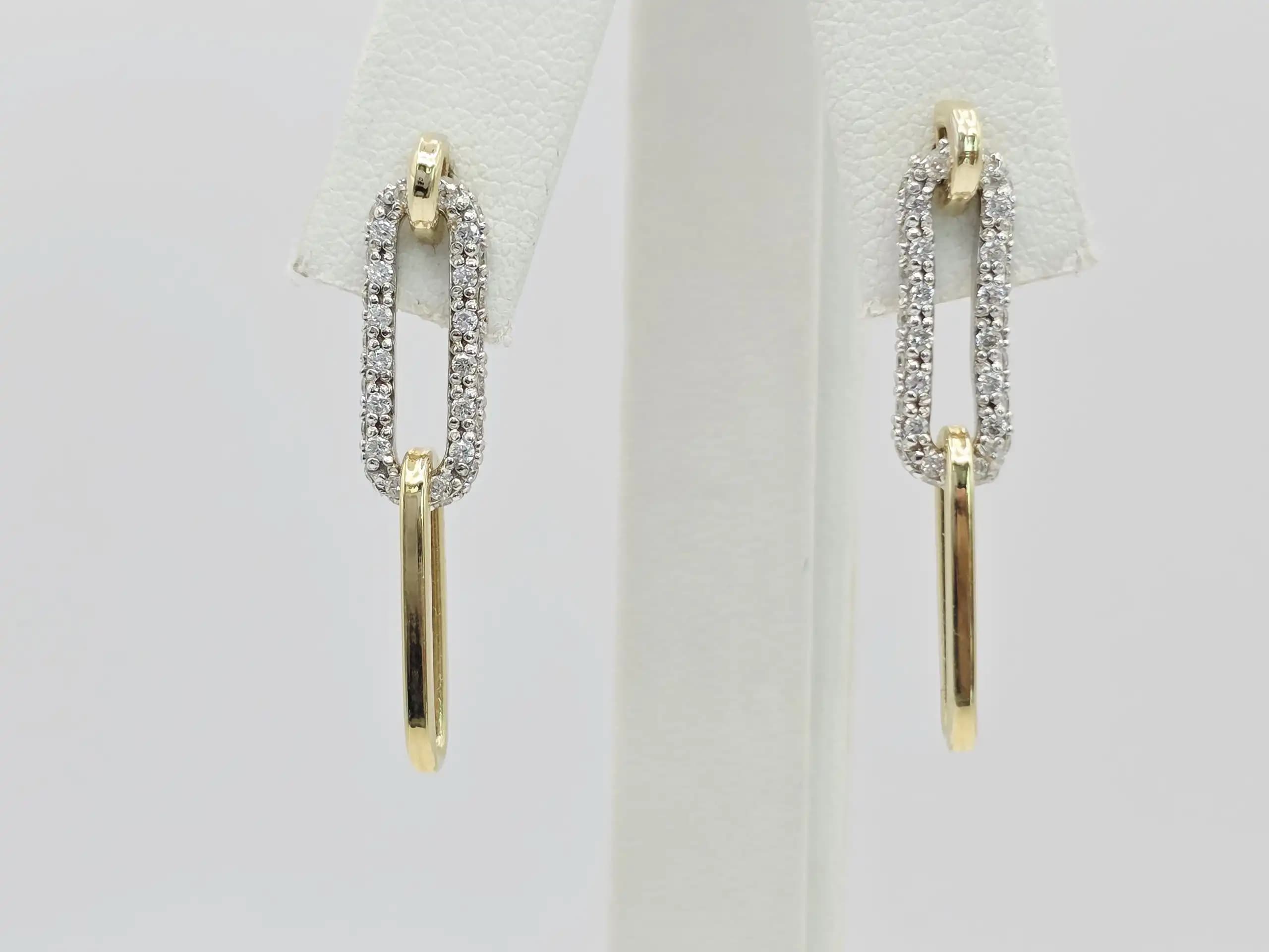 Two Tone Diamond Paperclip link Dangle Earrings with pushback lock