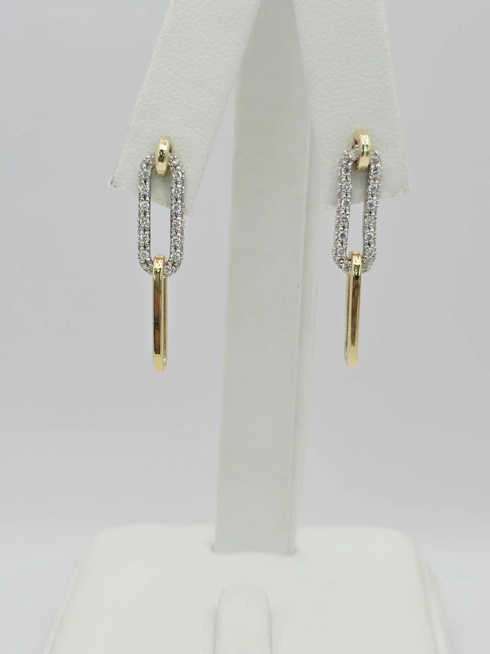 Two Tone Diamond Paperclip link Dangle Earrings with pushback lock