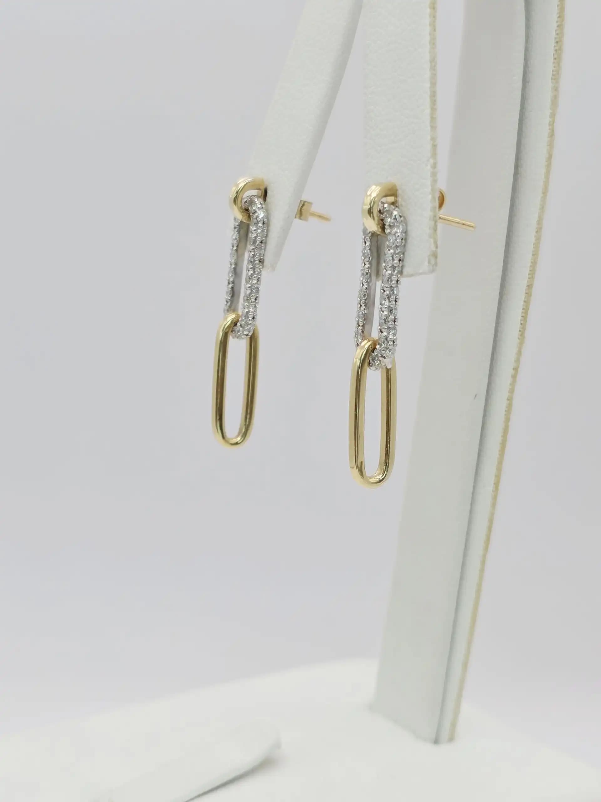 Two Tone Diamond Paperclip link Dangle Earrings with pushback lock
