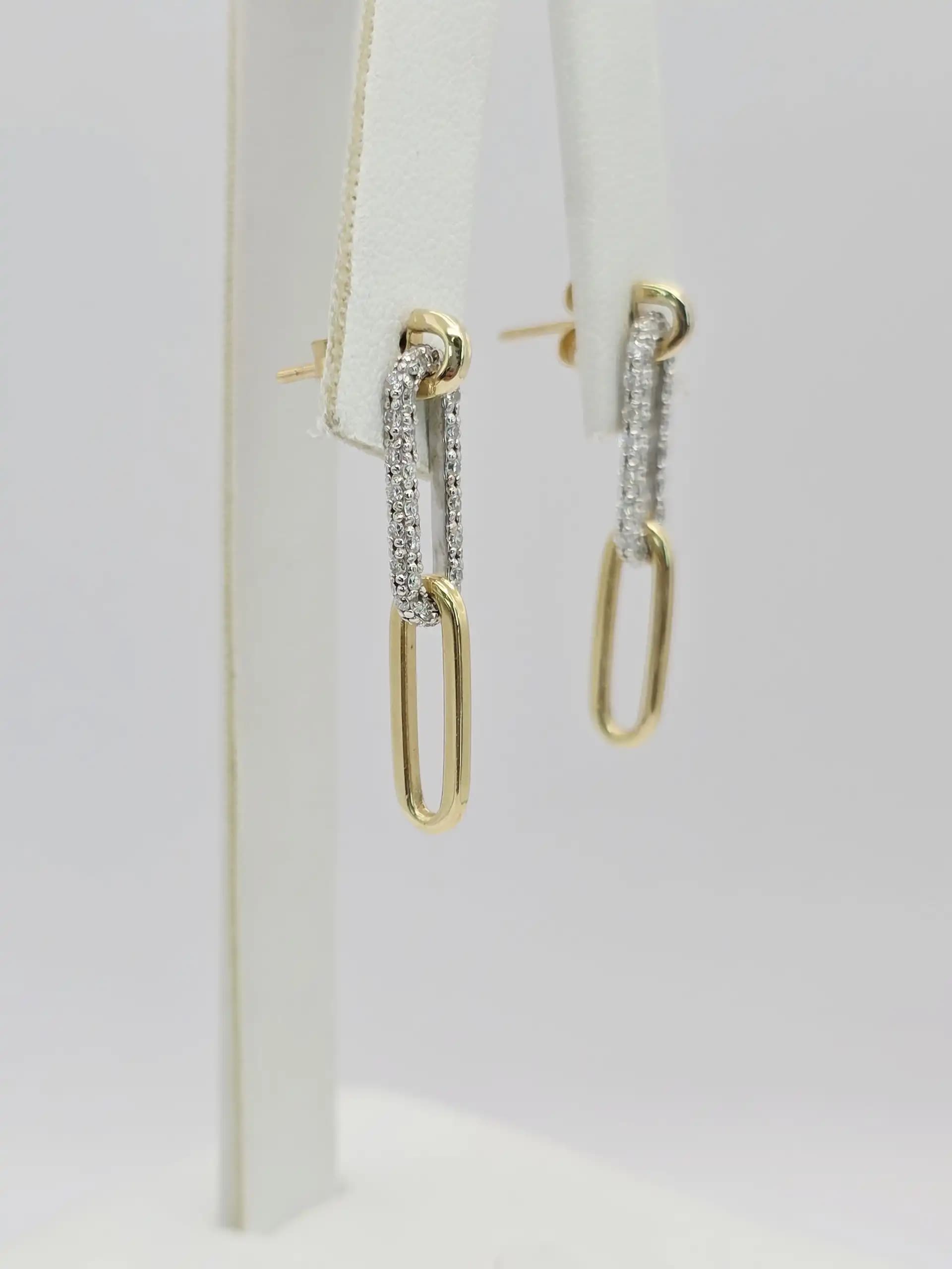 Two Tone Diamond Paperclip link Dangle Earrings with pushback lock