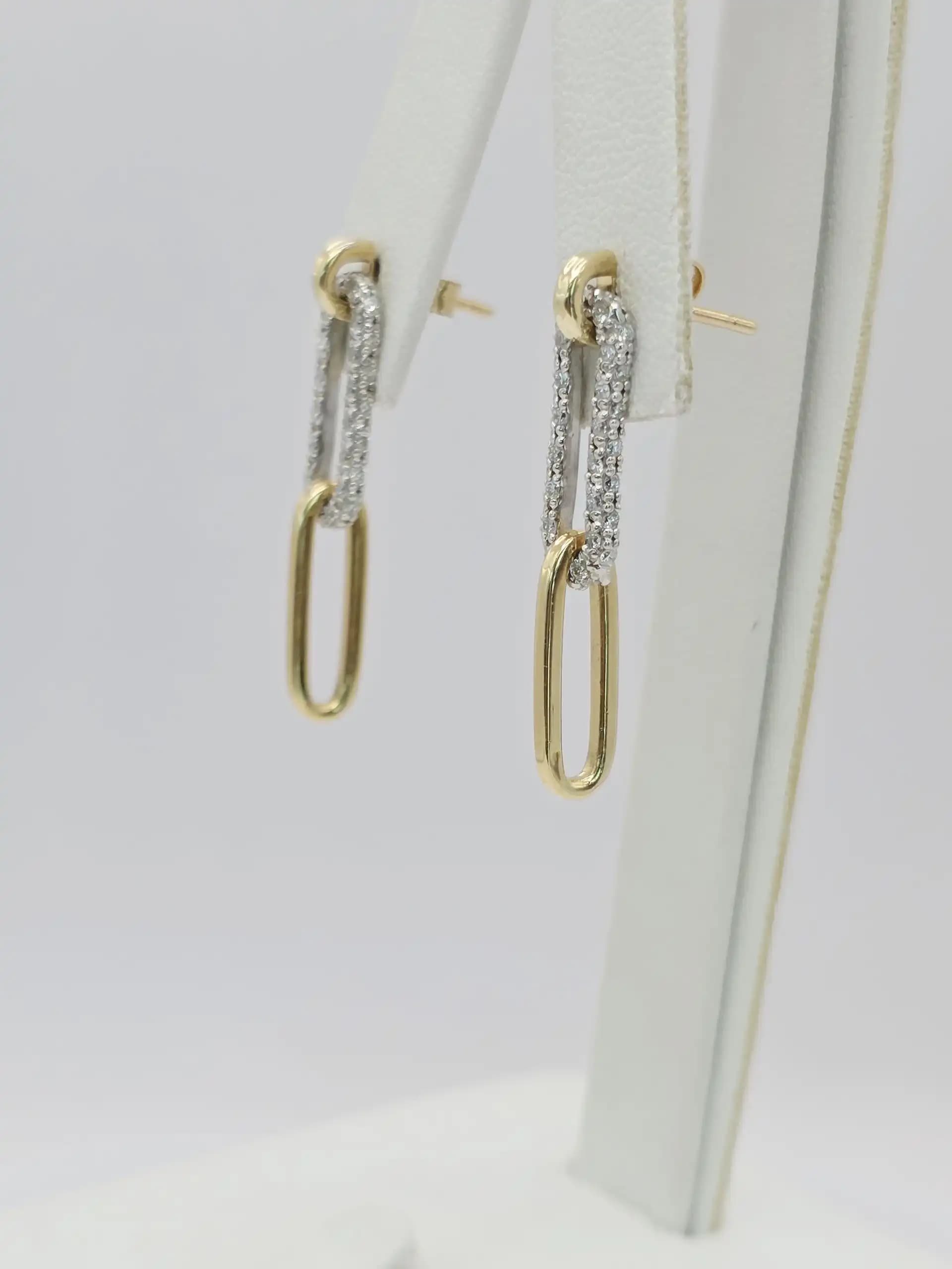 Two Tone Diamond Paperclip link Dangle Earrings with pushback lock