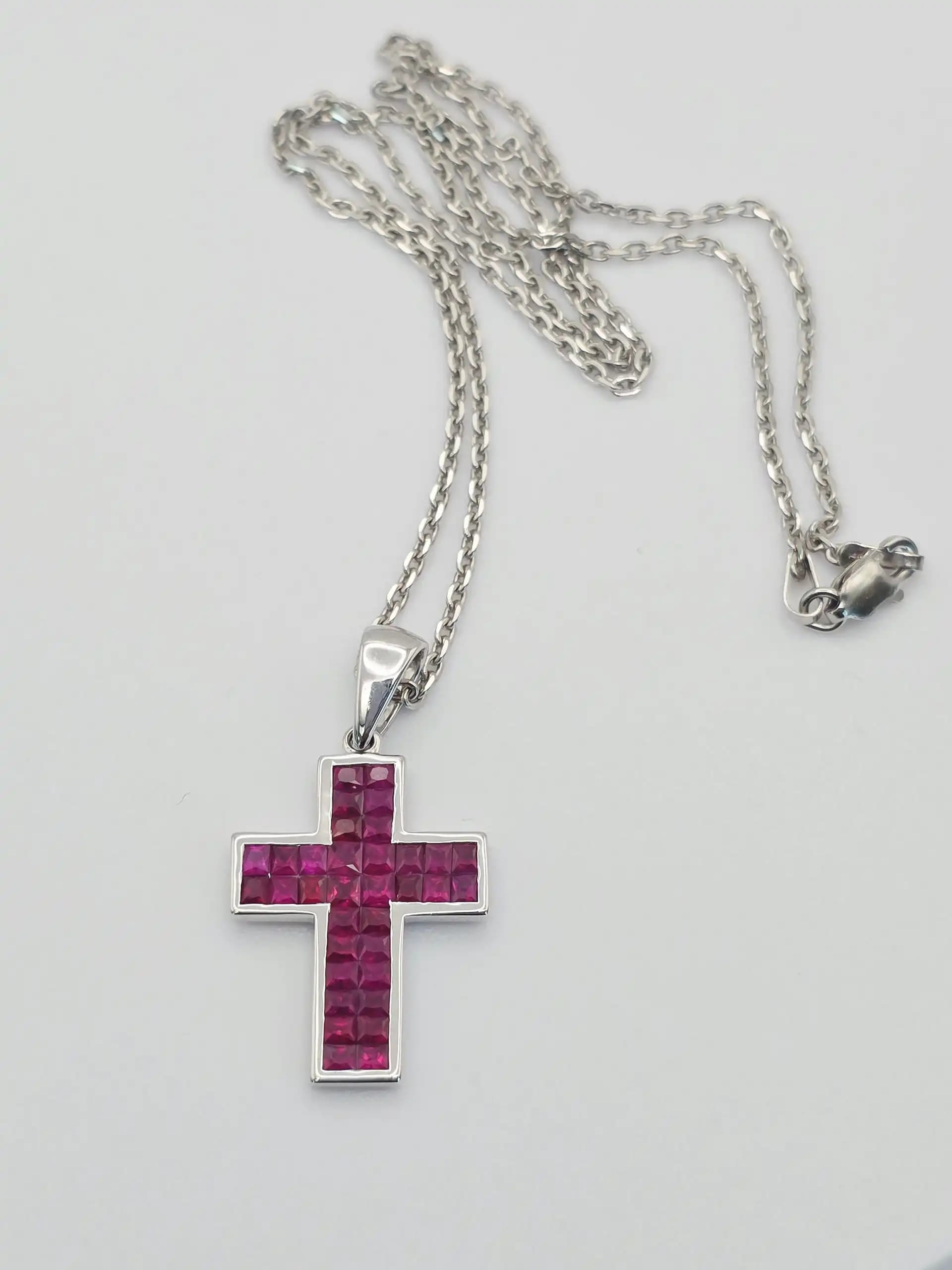 2.07 cts princess cut natural ruby cross pendant in 14K white gold
