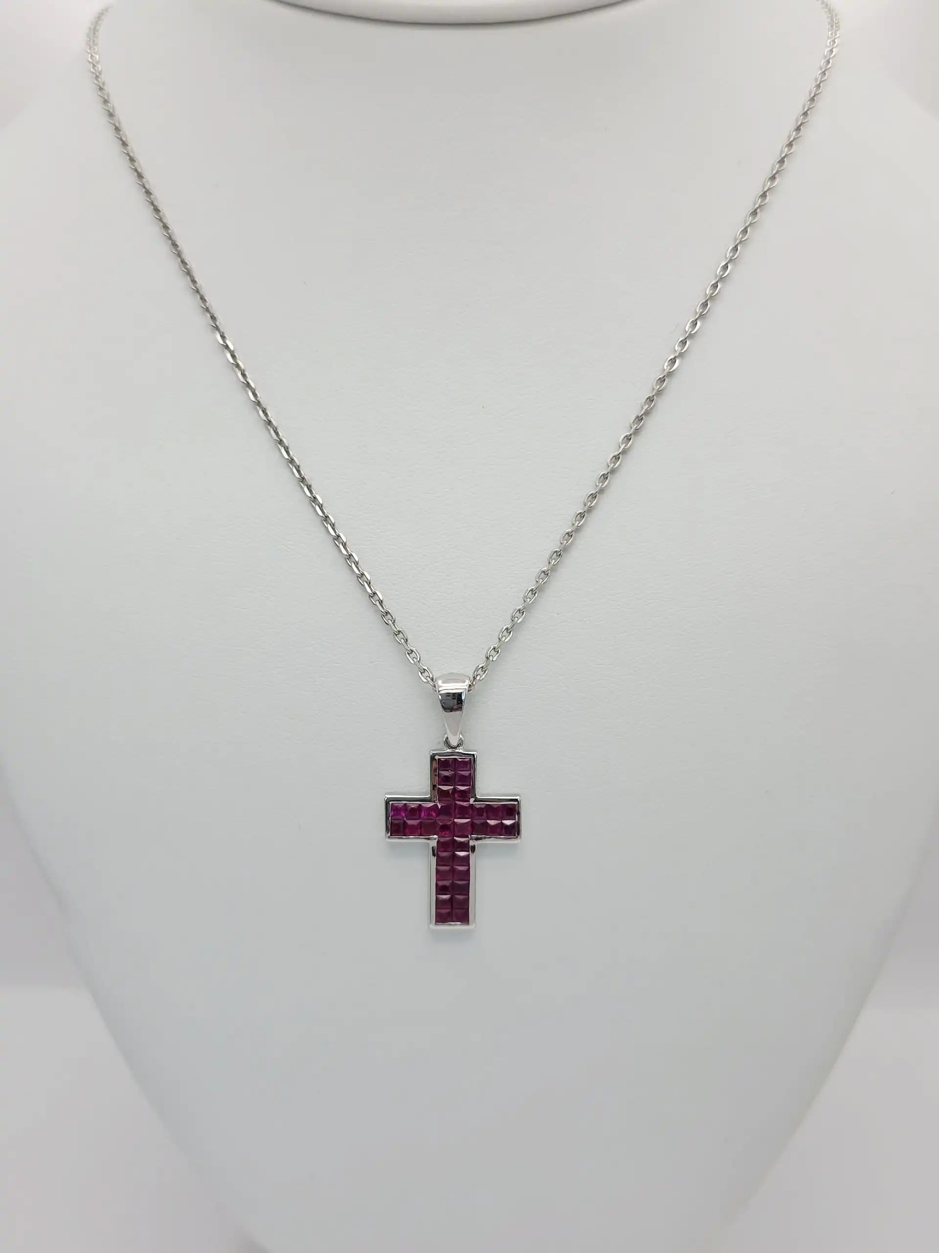 2.07 cts princess cut natural ruby cross pendant in 14K white gold