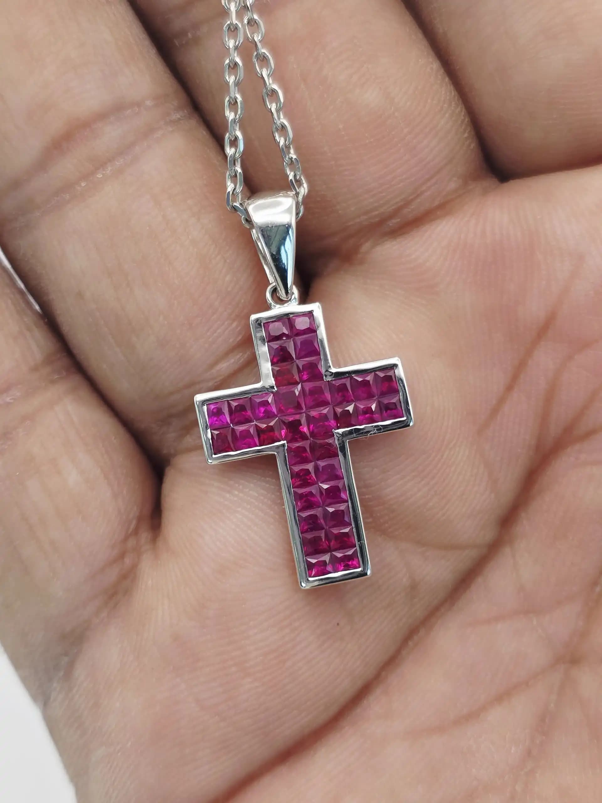 2.07 cts princess cut natural ruby cross pendant in 14K white gold