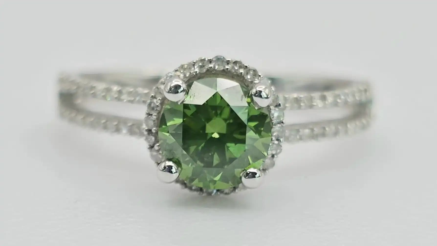 1.00 cts round natural green diamond halo ring in 14K white gold