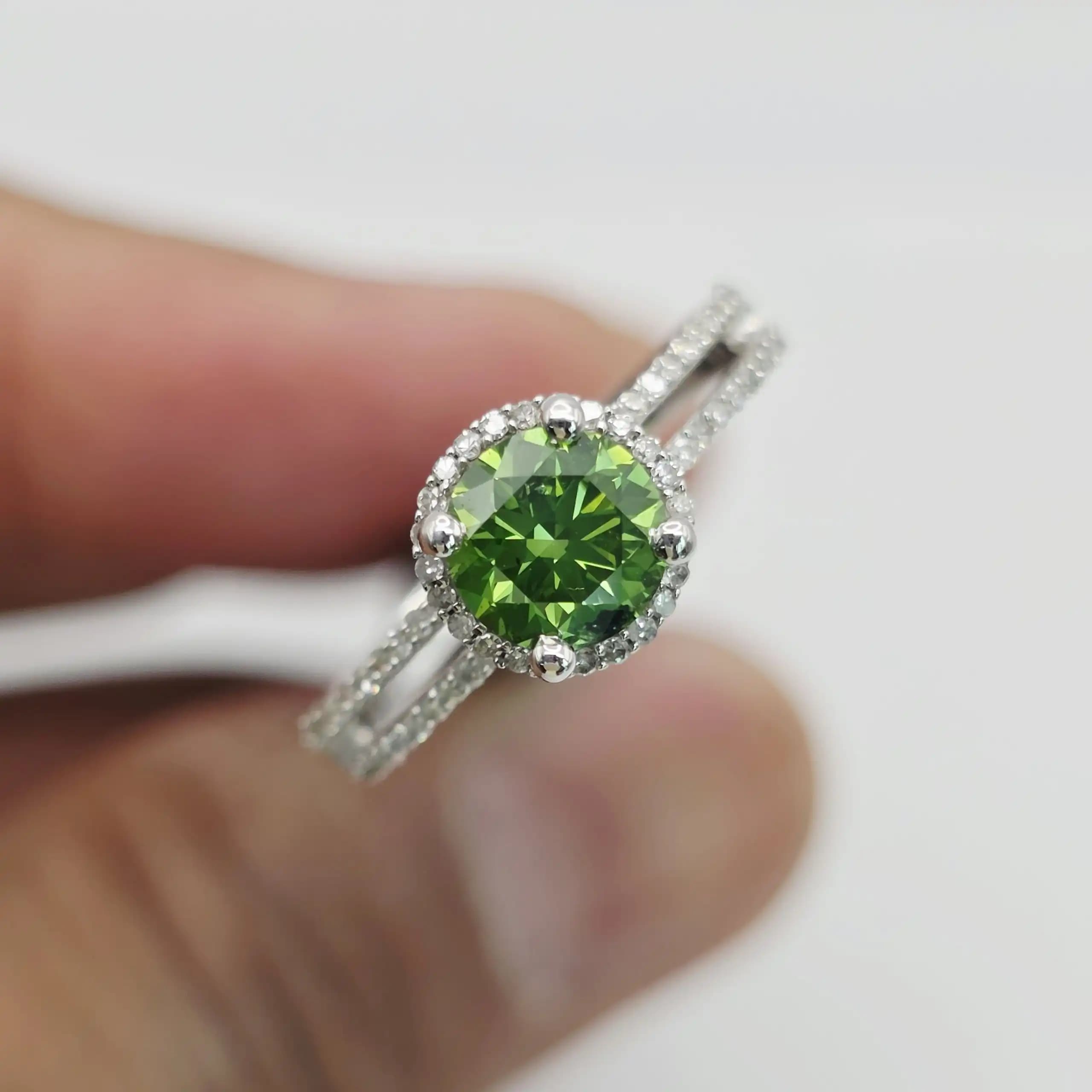 1.00 cts round natural green diamond halo ring in 14K white gold