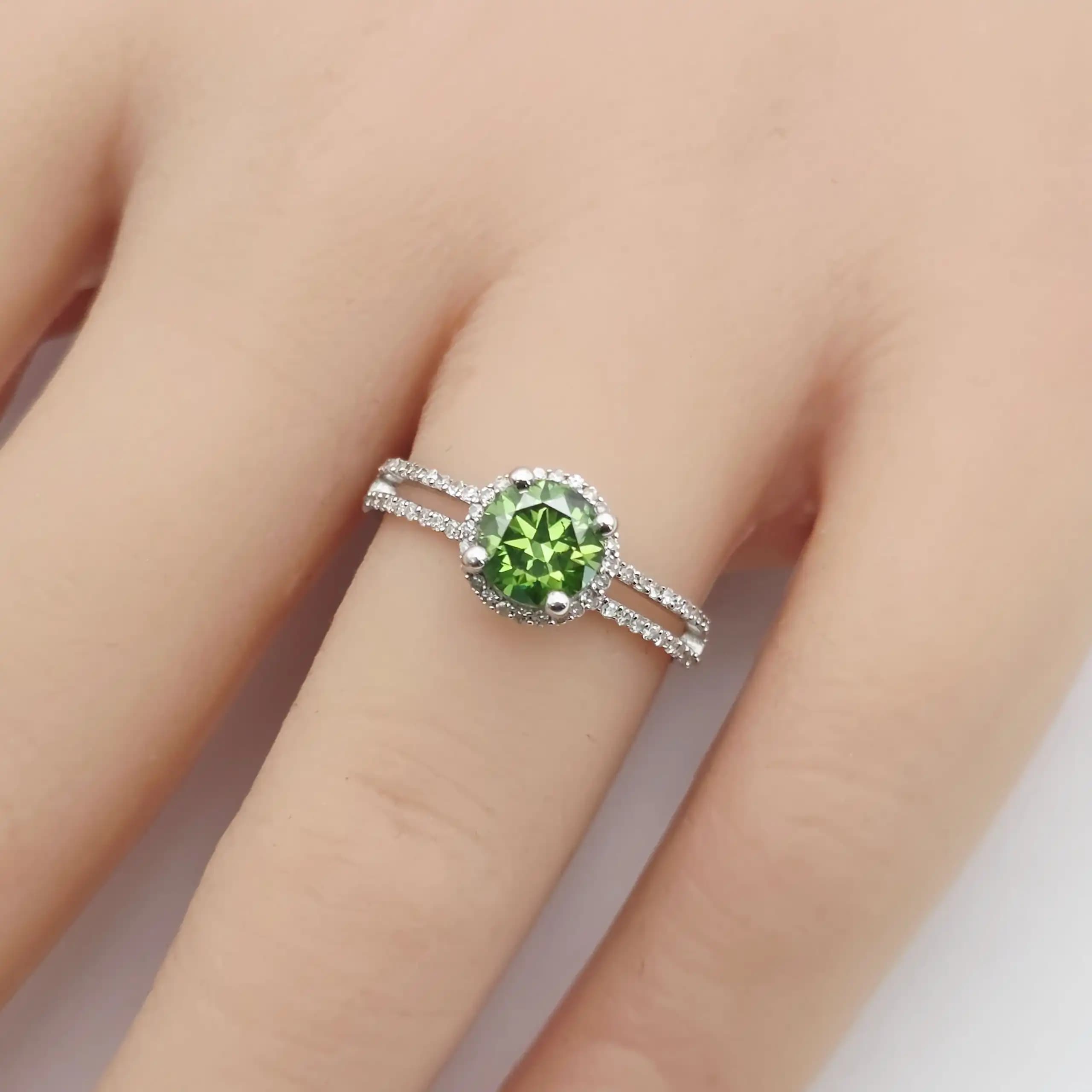 1.00 cts round natural green diamond halo ring in 14K white gold