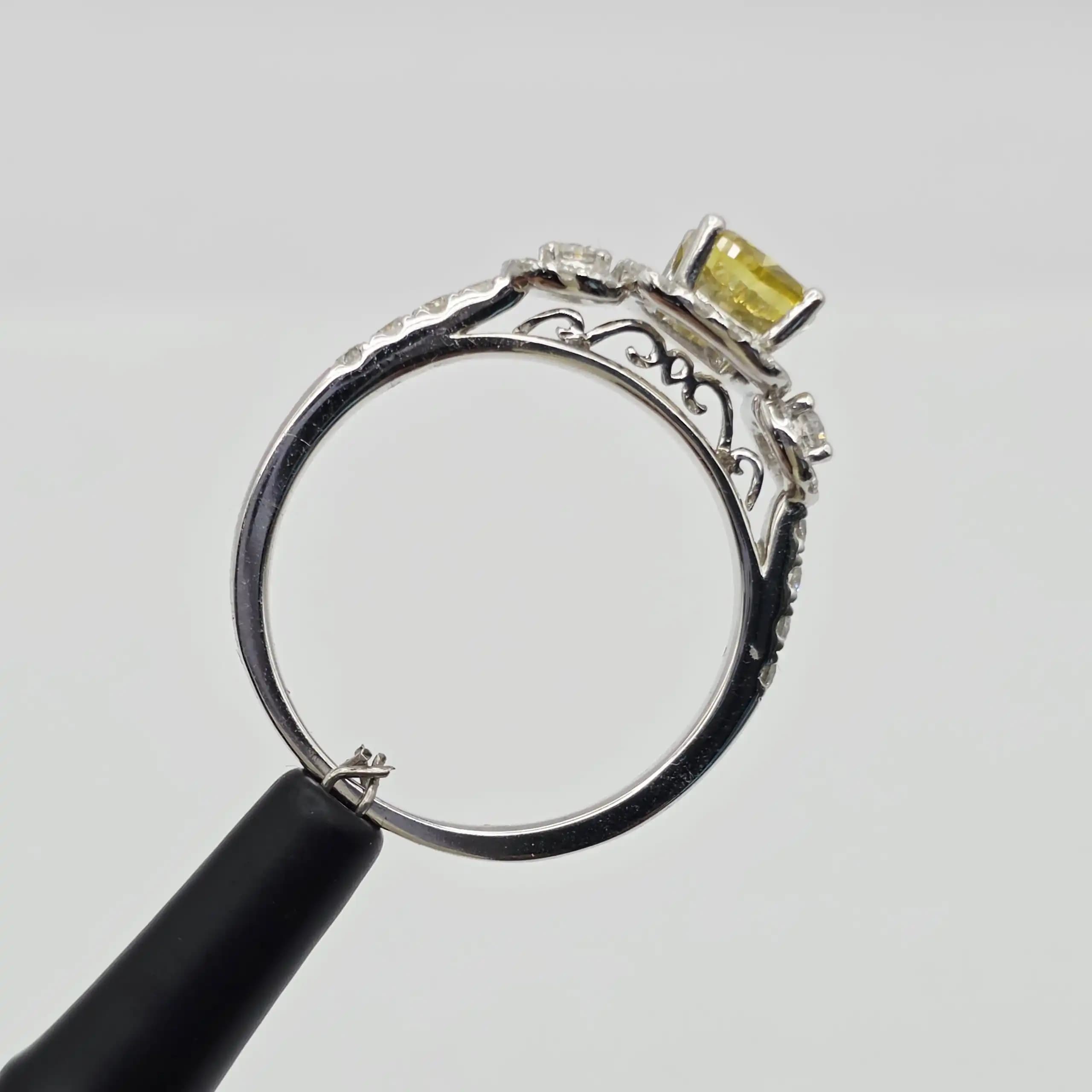 1.01 cts cushion natural fancy yellow diamond halo ring in 14K white gold