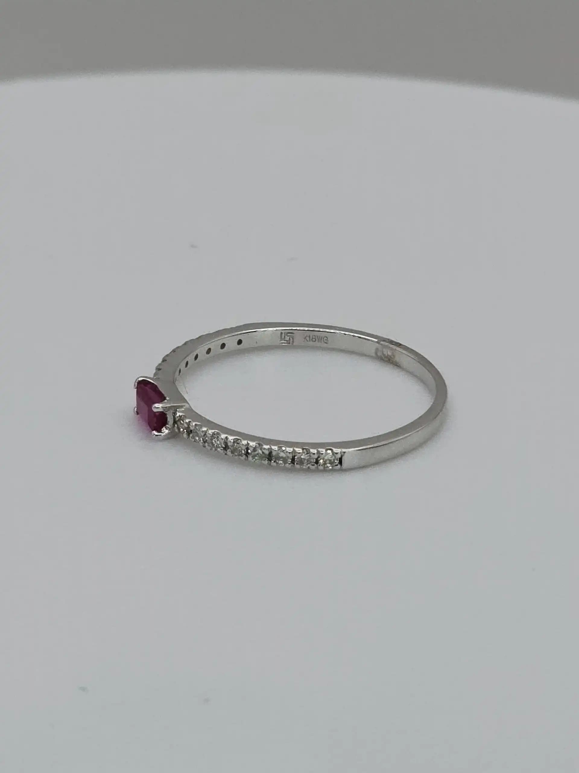 0.17 cts emerald cut natural ruby and diamond pave band ring in 18K white gold