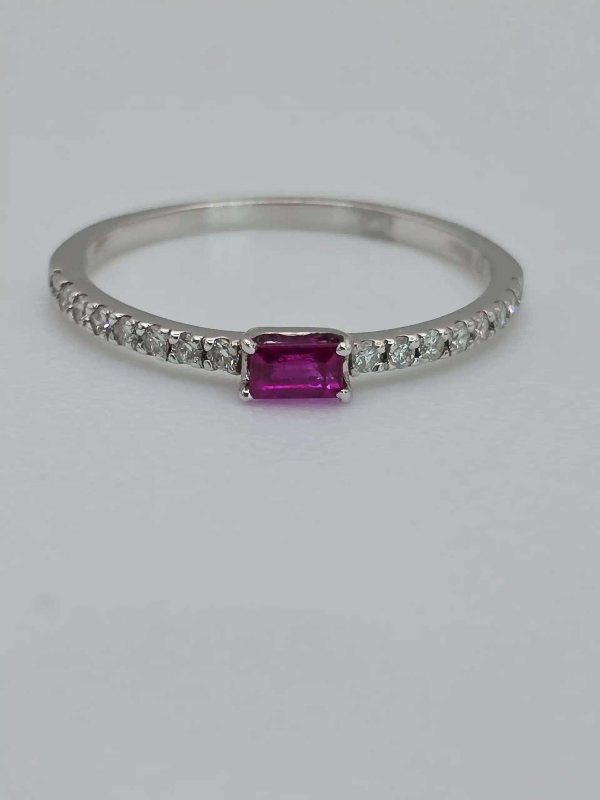 0.17 cts emerald cut natural ruby and diamond pave band ring in 18K white gold