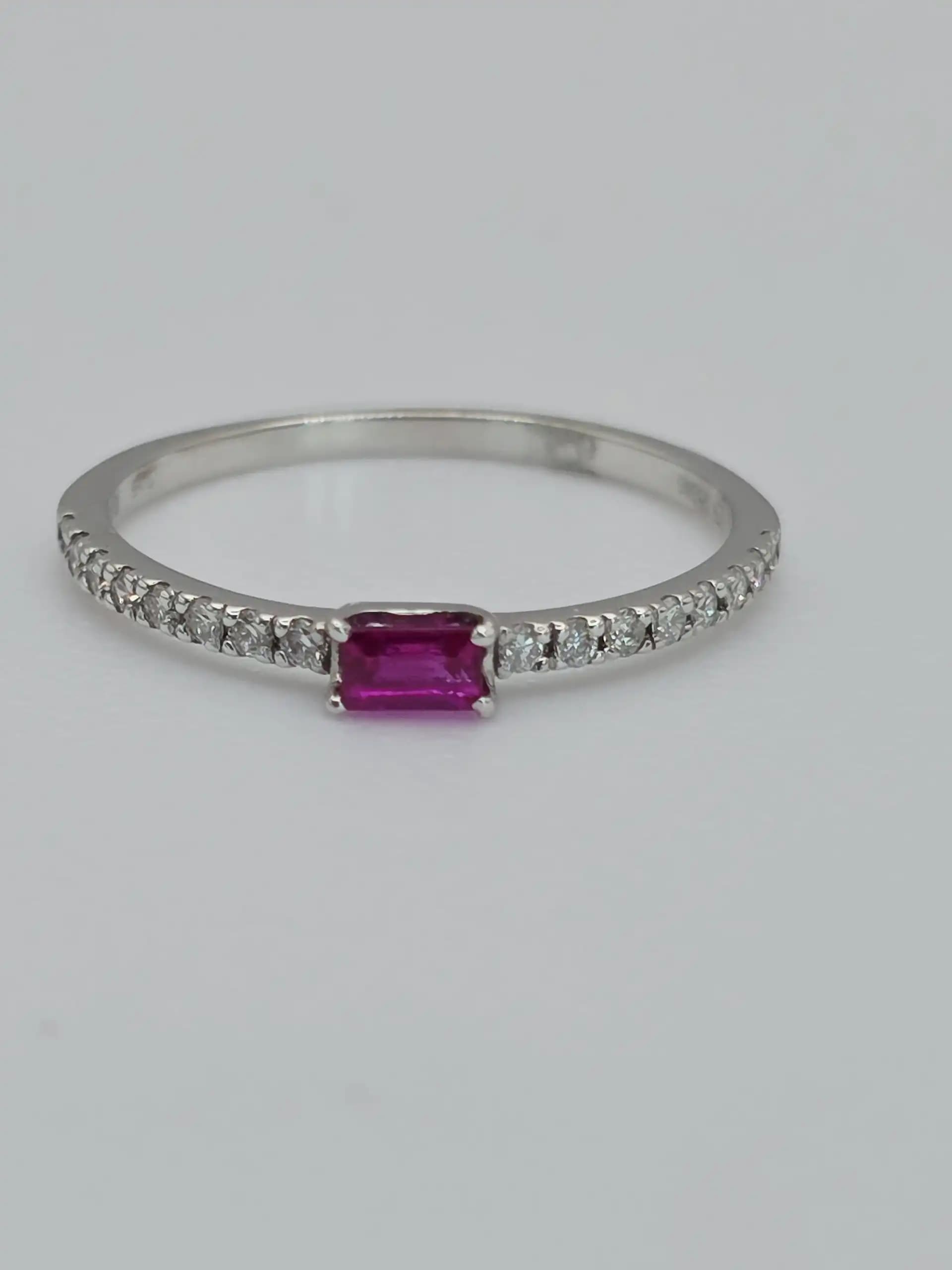 0.17 cts emerald cut natural ruby and diamond pave band ring in 18K white gold