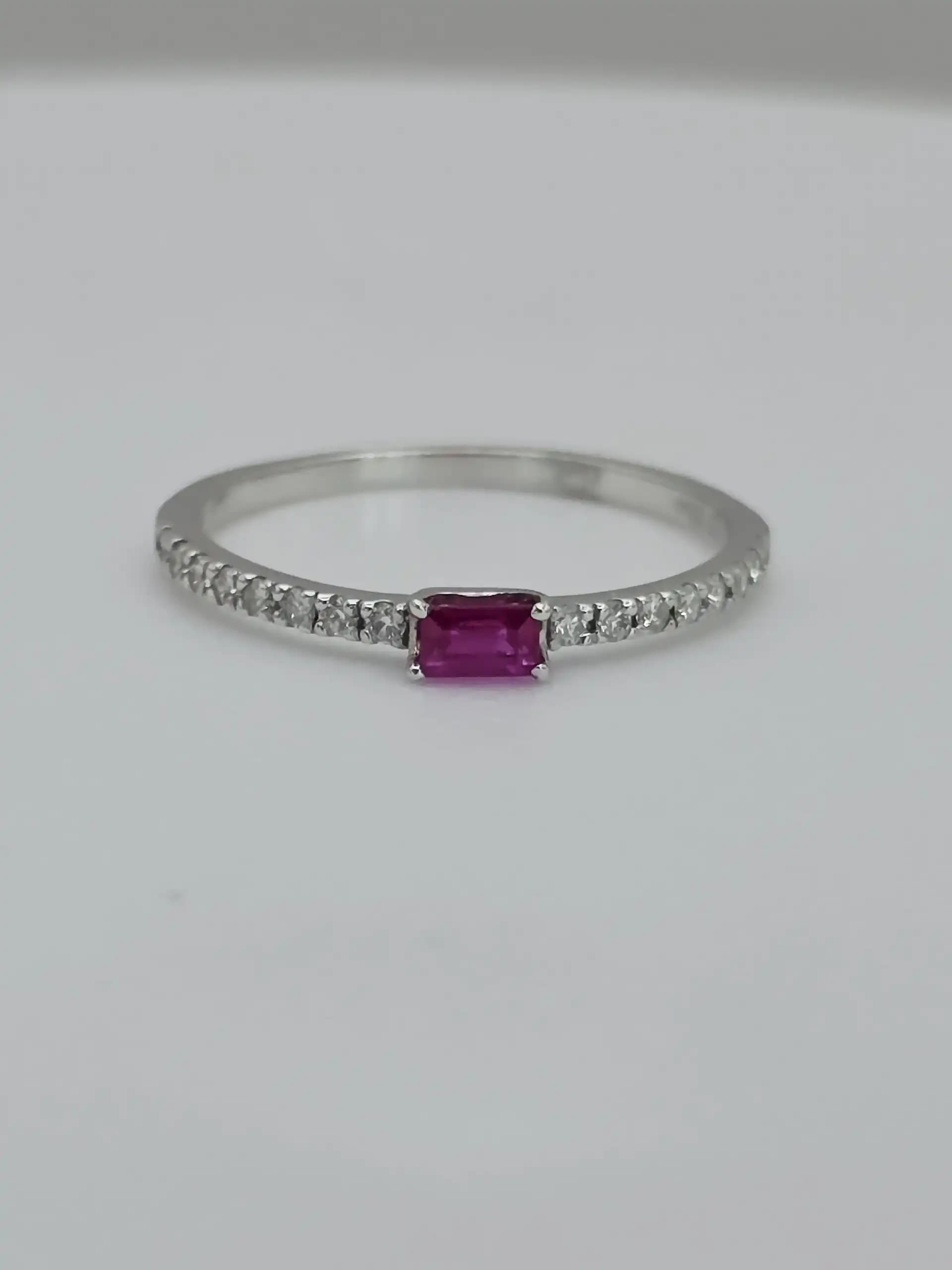 0.17 cts emerald cut natural ruby and diamond pave band ring in 18K white gold