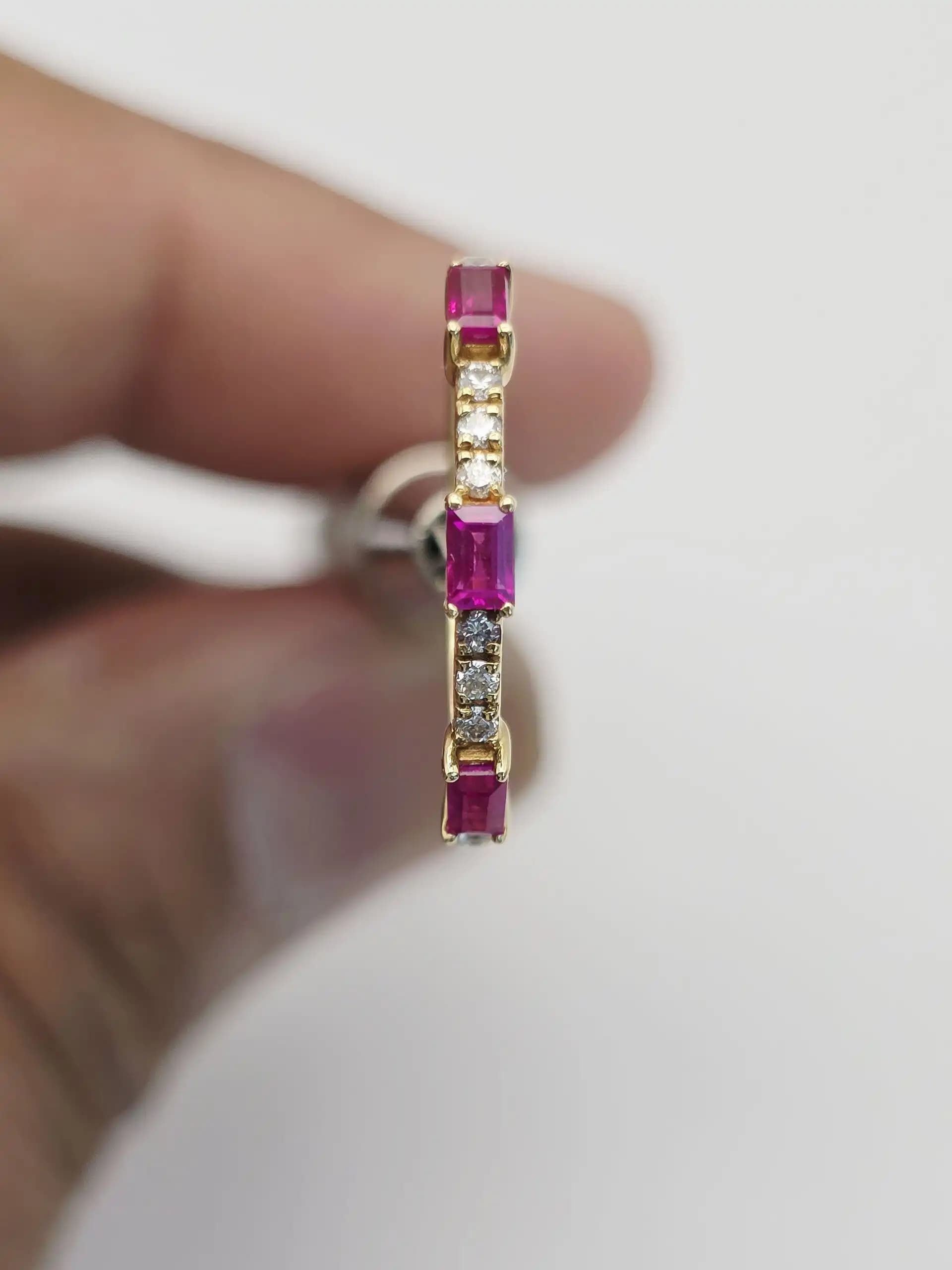 0.30 cts emerald cut natural ruby and diamond band ring in 18K yellow gold