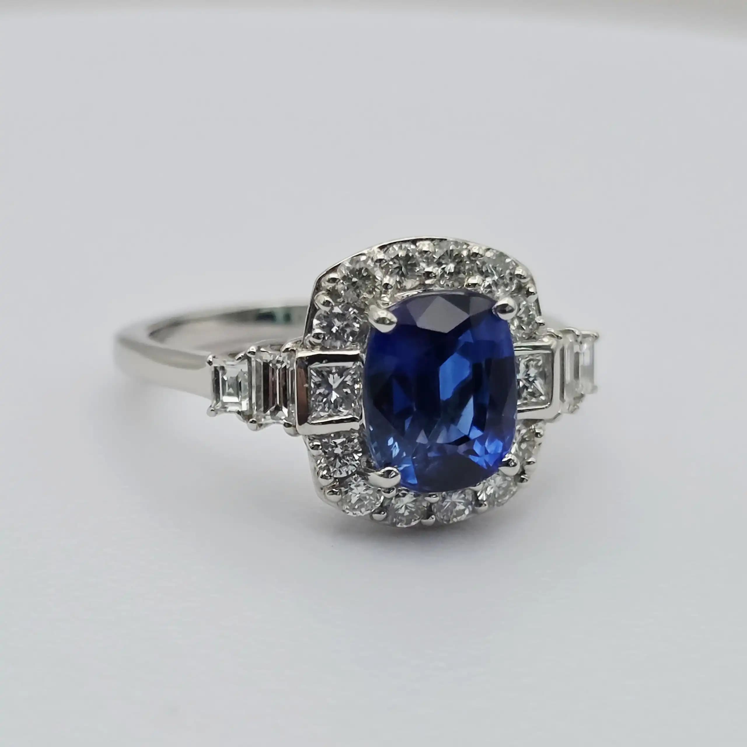 Vintage Style Blue Sapphire and Diamond Halo Ring