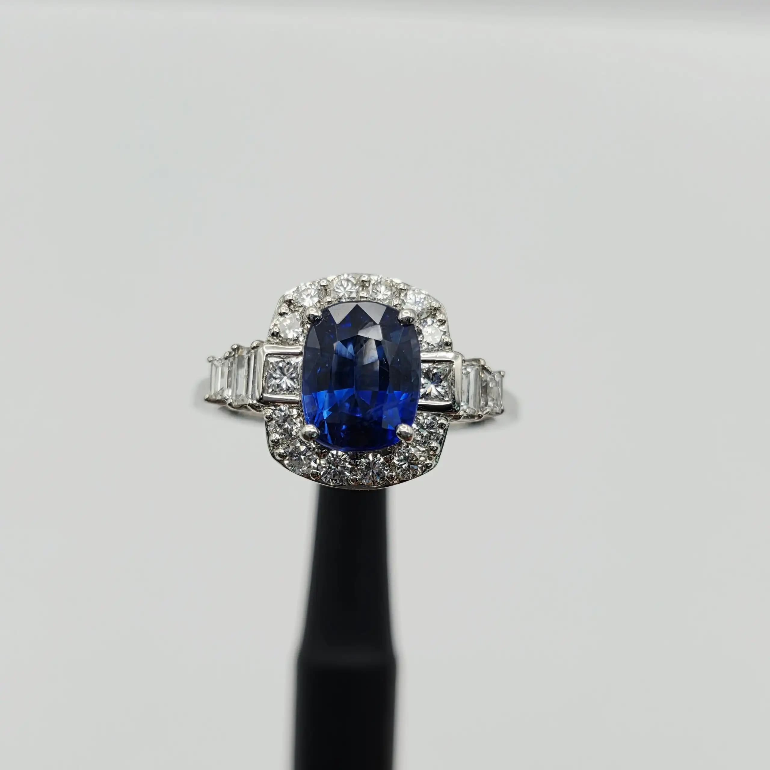 Vintage Style Blue Sapphire and Diamond Halo Ring