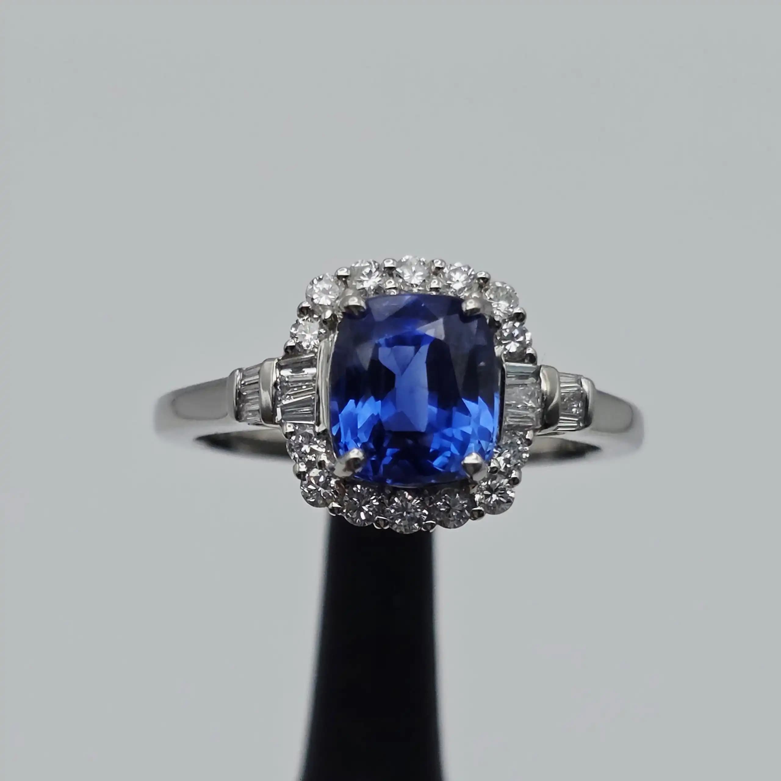 Vintage Style Blue Sapphire and Diamond Halo Ring