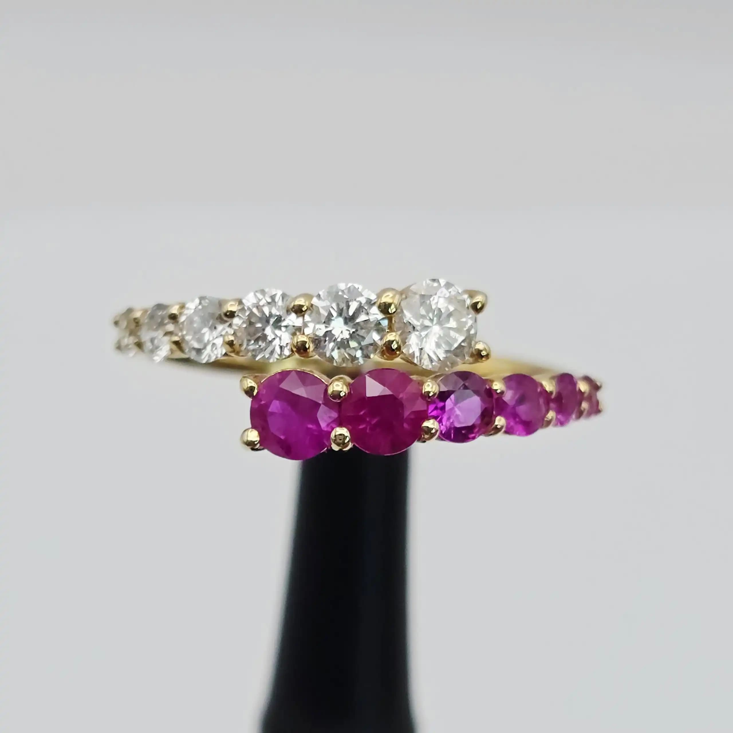 0.59 cts emerald cut natural ruby and diamond band ring in 18K yellow gold