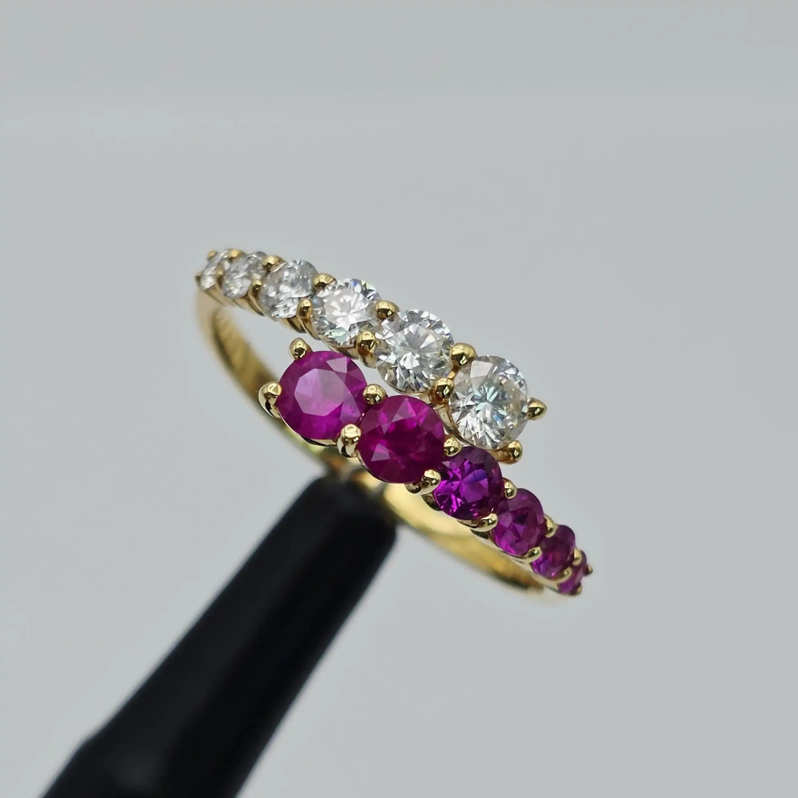 0.59 cts emerald cut natural ruby and diamond band ring in 18K yellow gold