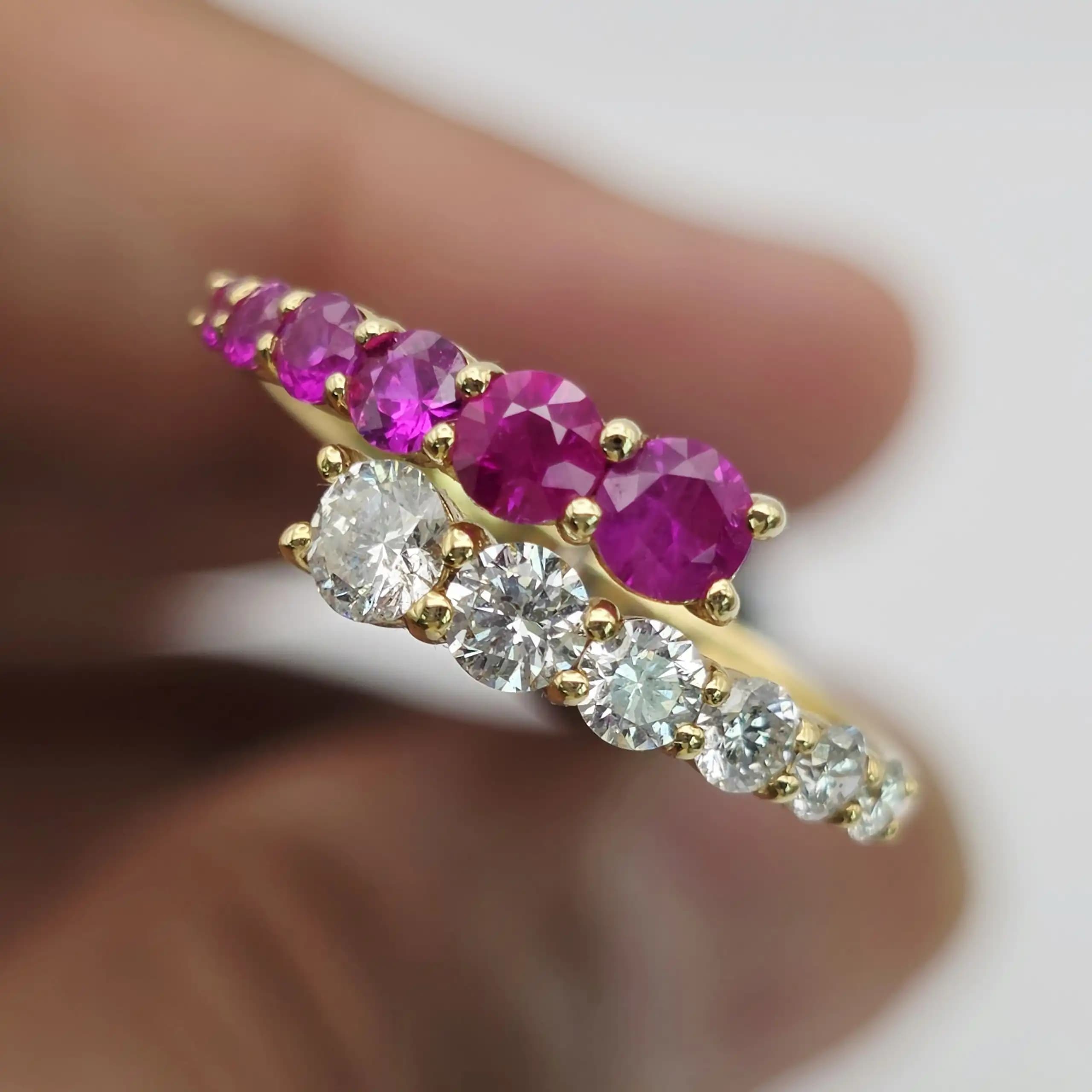 0.59 cts emerald cut natural ruby and diamond band ring in 18K yellow gold