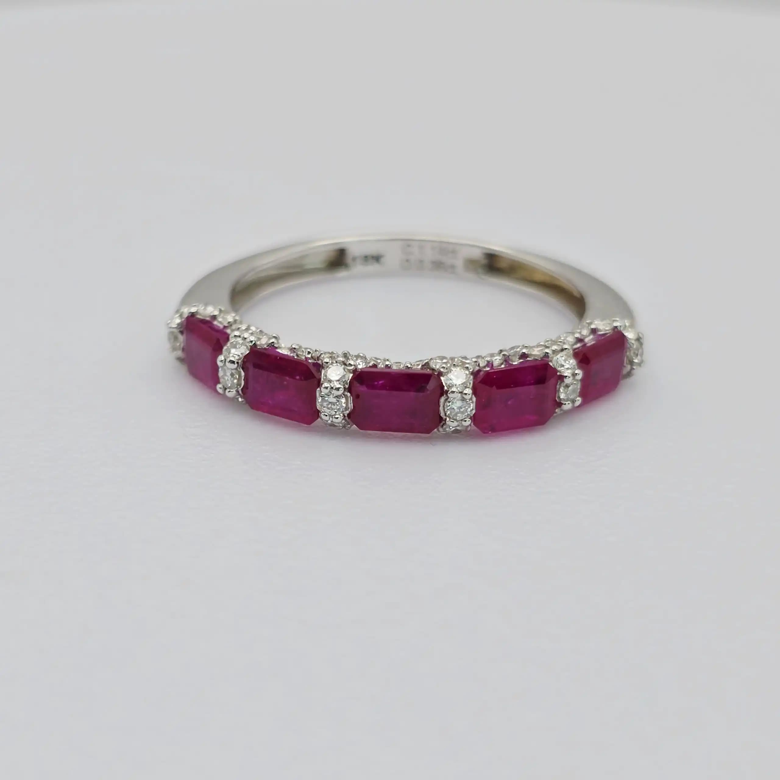 1.14 cts round natural ruby and diamond half eternity ring in 18K white gold