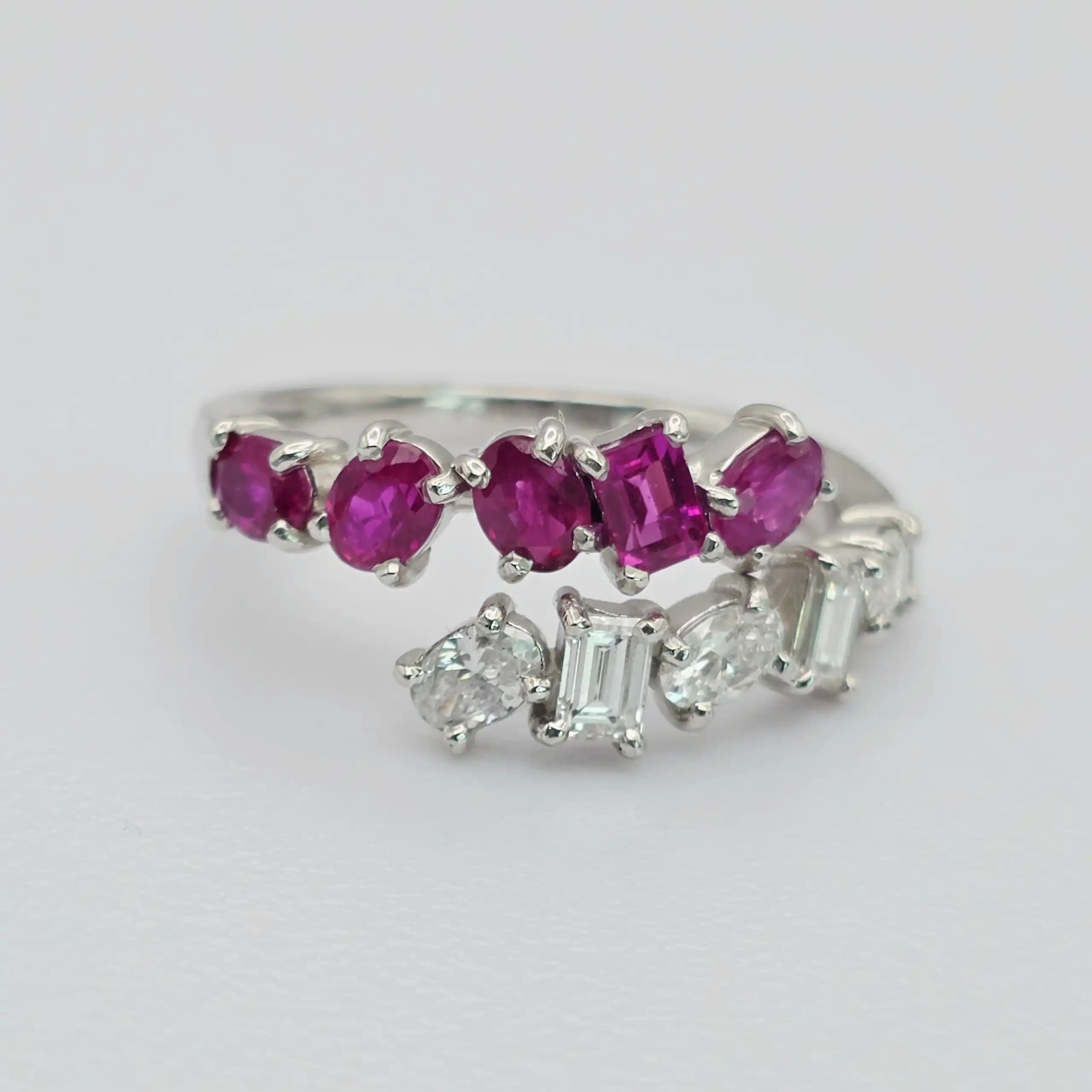 1.09 cts emerald cut natural ruby and diamond band ring in 18K white gold